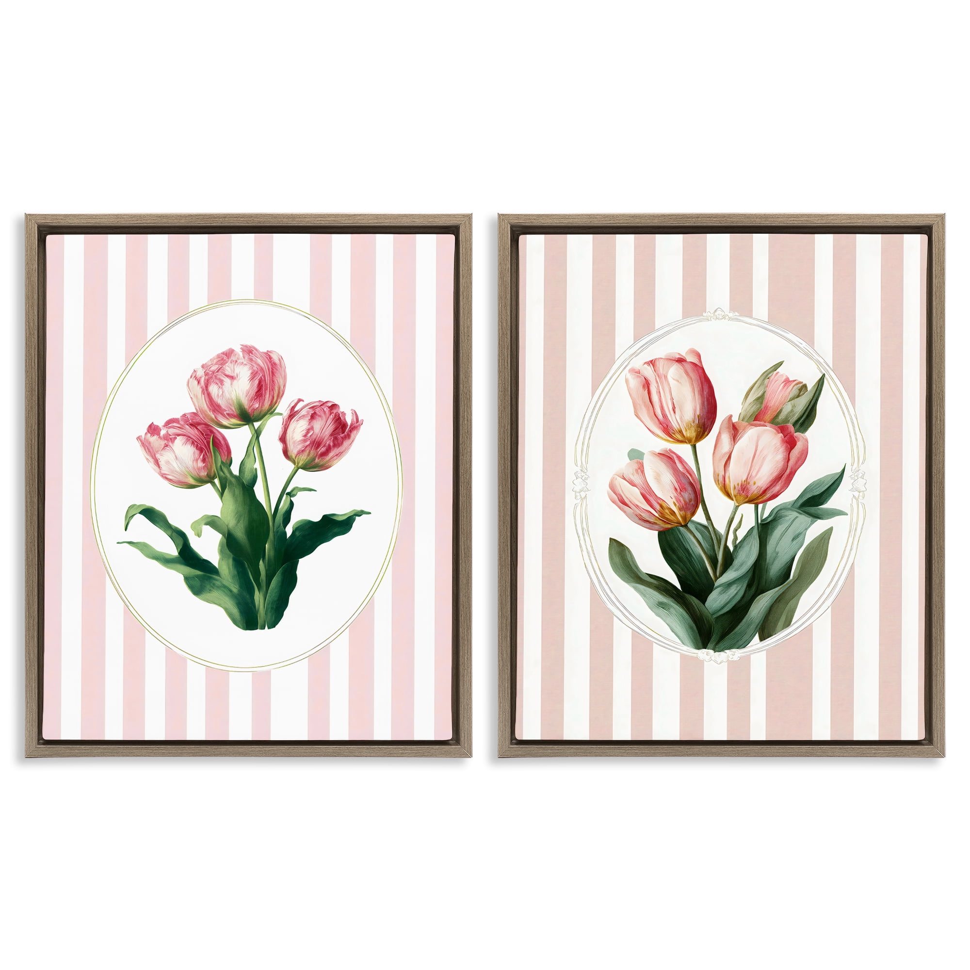 Stupell Industries Blush Tulips on Stripes 2 Piece Brown Framed Floater Canvas Set, design by Ink Drop Loft