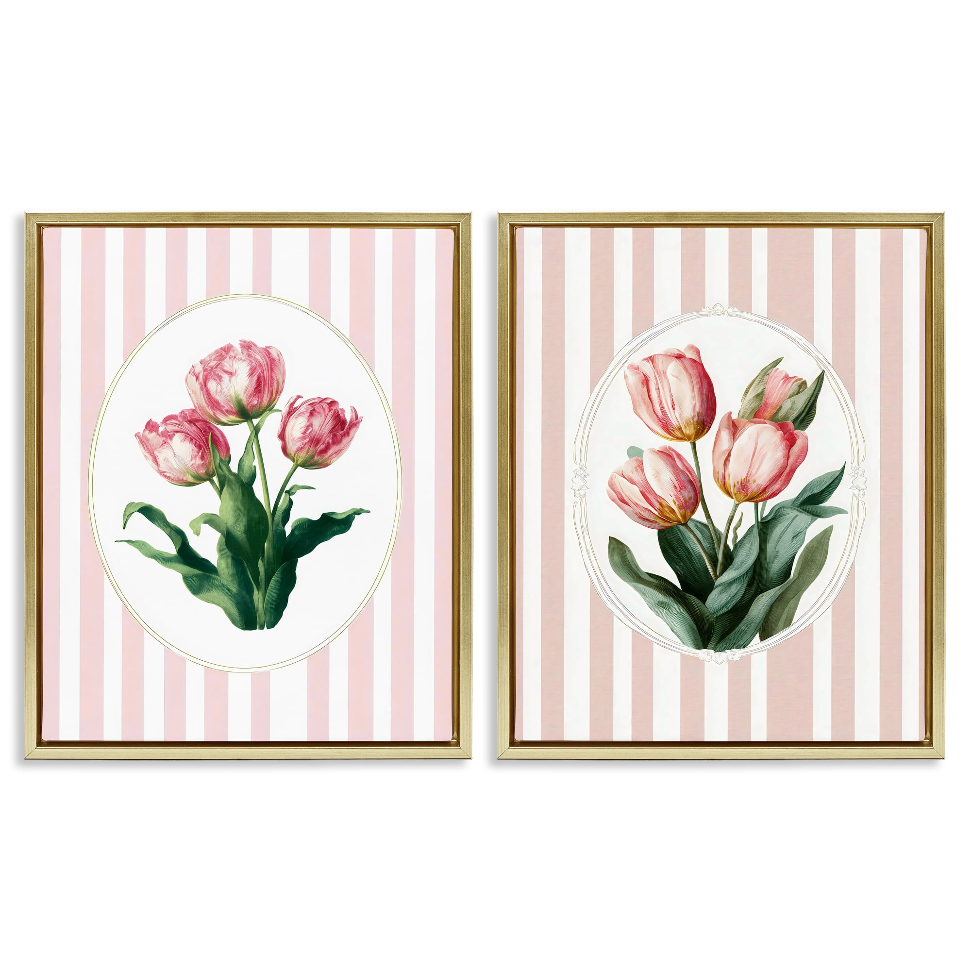 Stupell Industries Blush Tulips on Stripes 2 Piece Gold Framed Floater Canvas Set, design by Ink Drop Loft