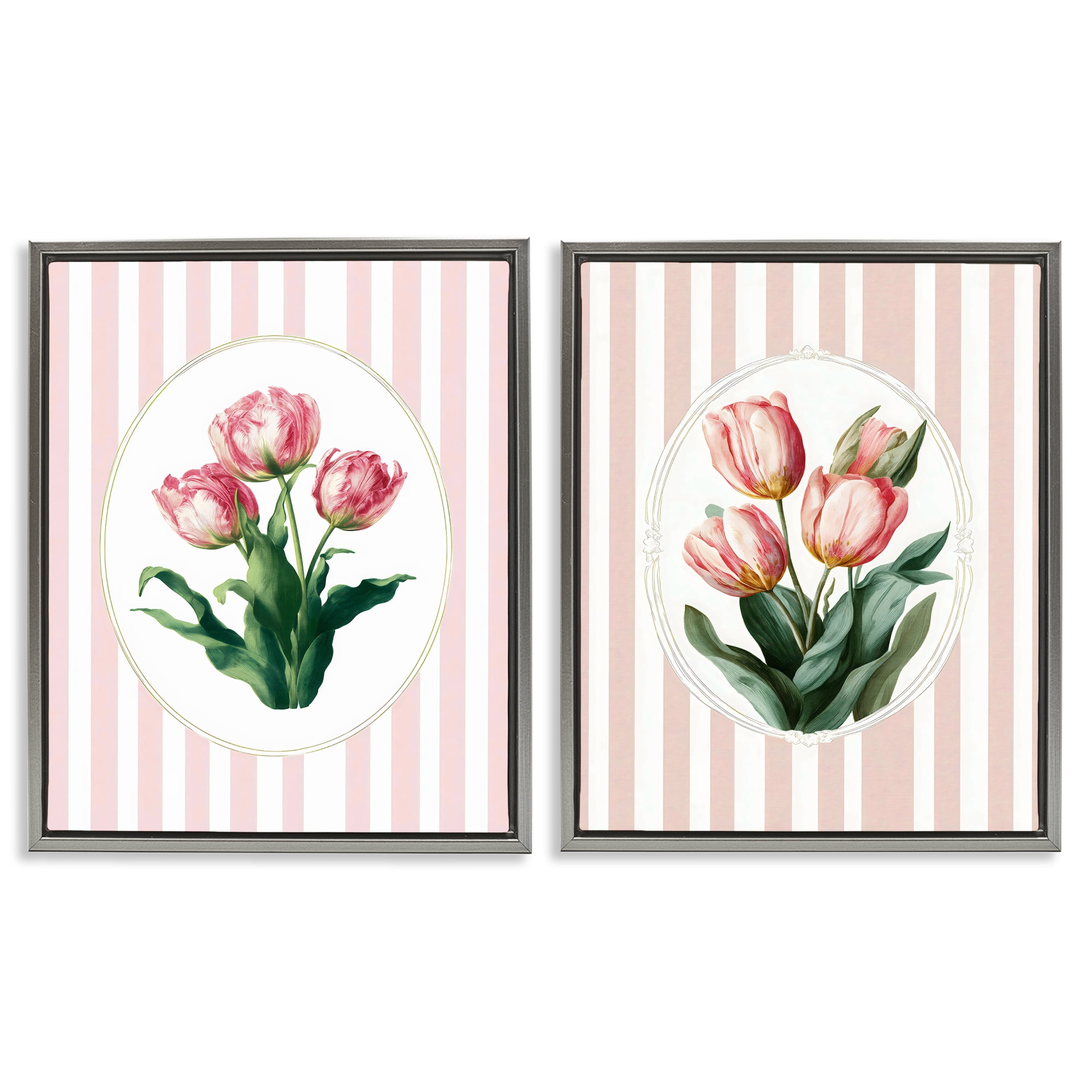 Stupell Industries Blush Tulips on Stripes 2 Piece Gray Framed Floater Canvas Set, design by Ink Drop Loft
