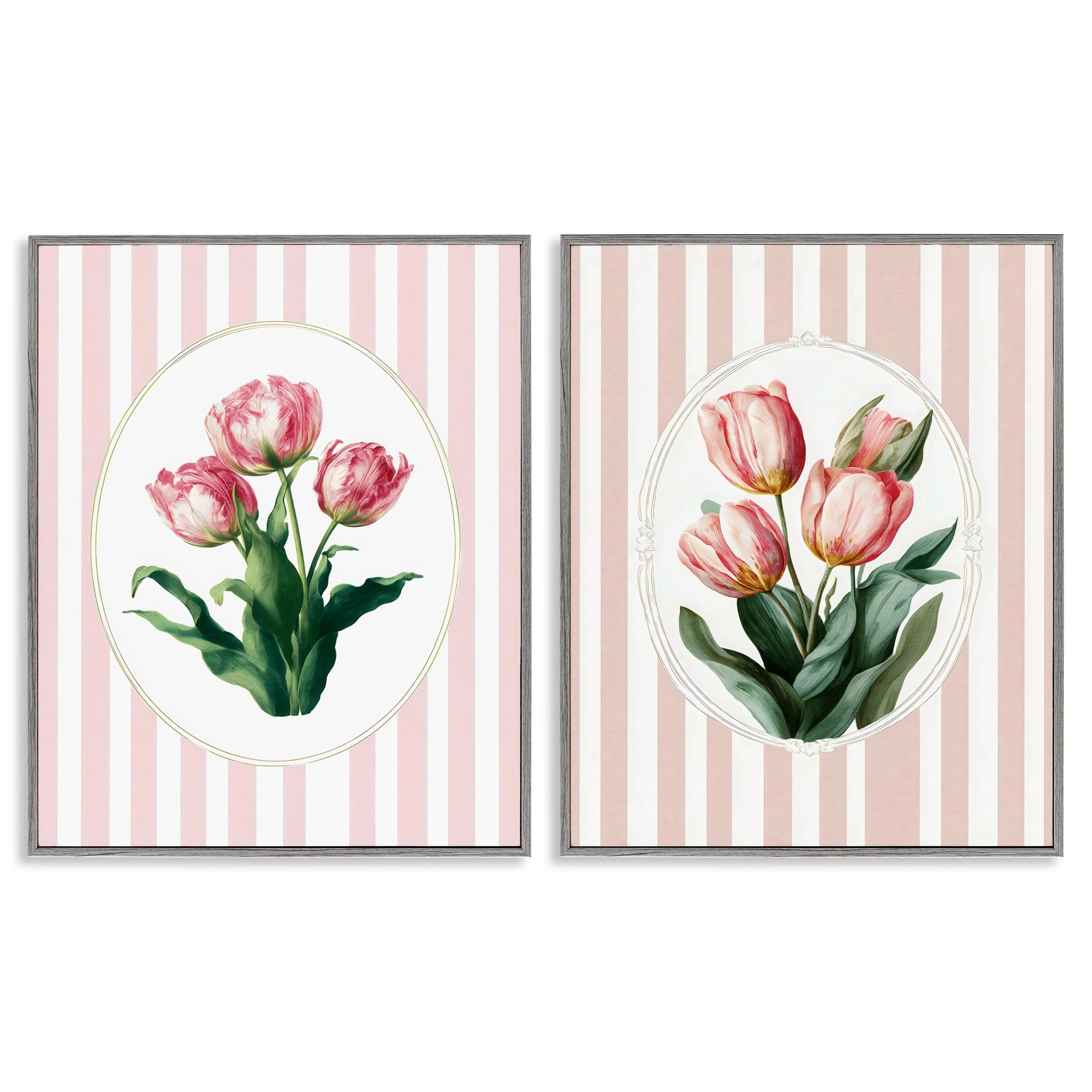 Stupell Industries Blush Tulips on Stripes 2 Piece Gray Framed Giclee Art Set, design by Ink Drop Loft