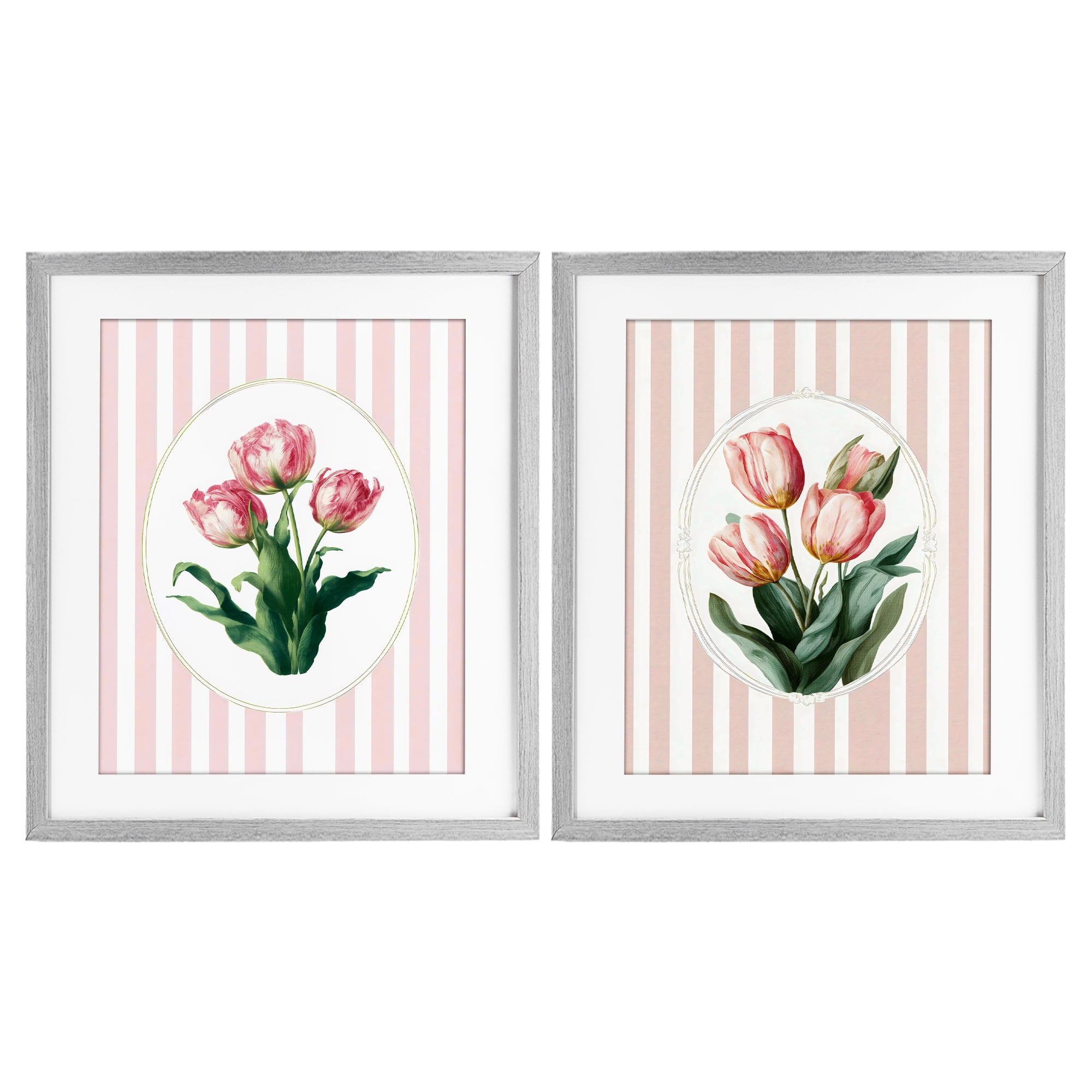 Stupell Industries Blush Tulips on Stripes 2 Piece Gray Framed Print Under Glass Set, design by Ink Drop Loft