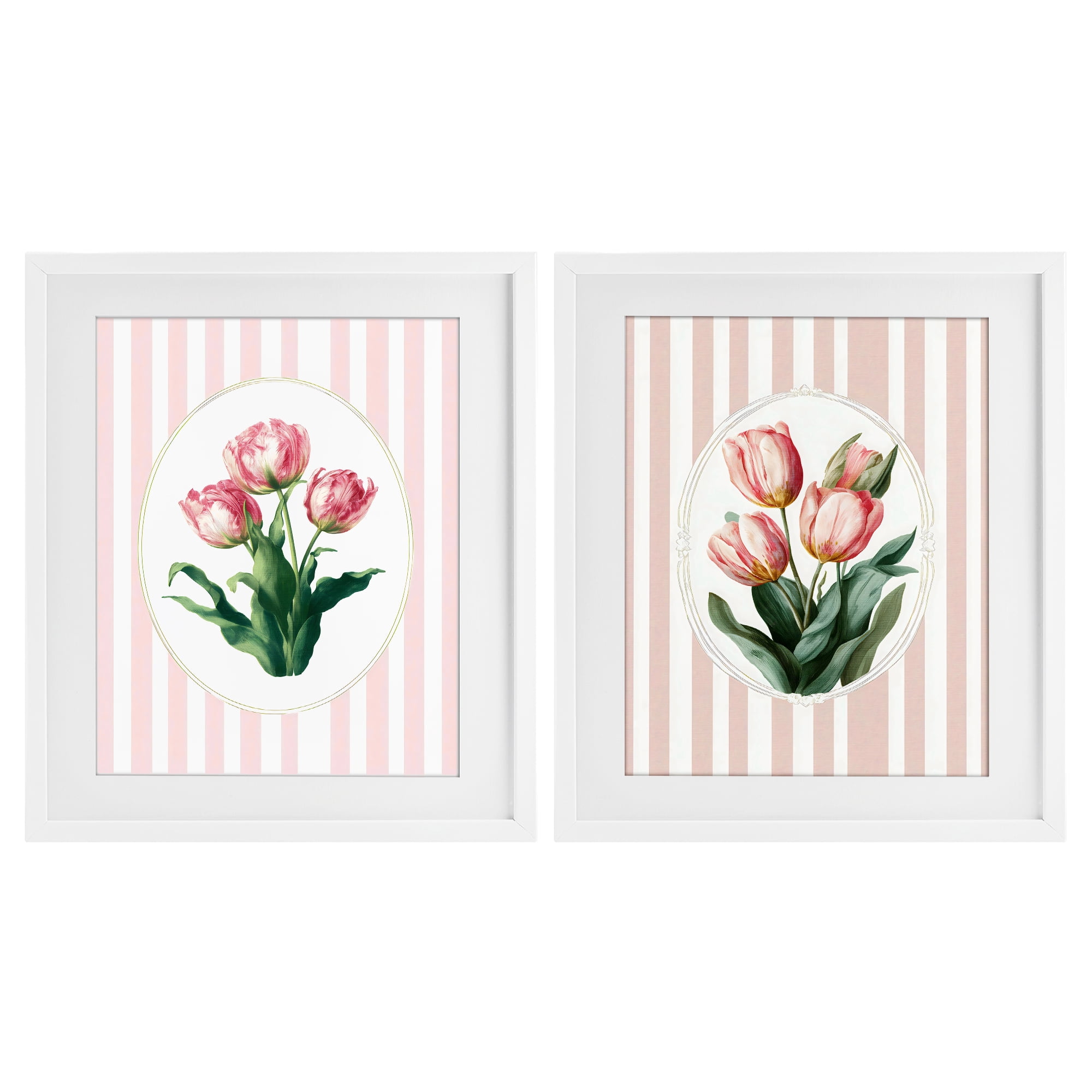 Stupell Industries Blush Tulips on Stripes 2 Piece White Framed Print Under Glass Set, design by Ink Drop Loft