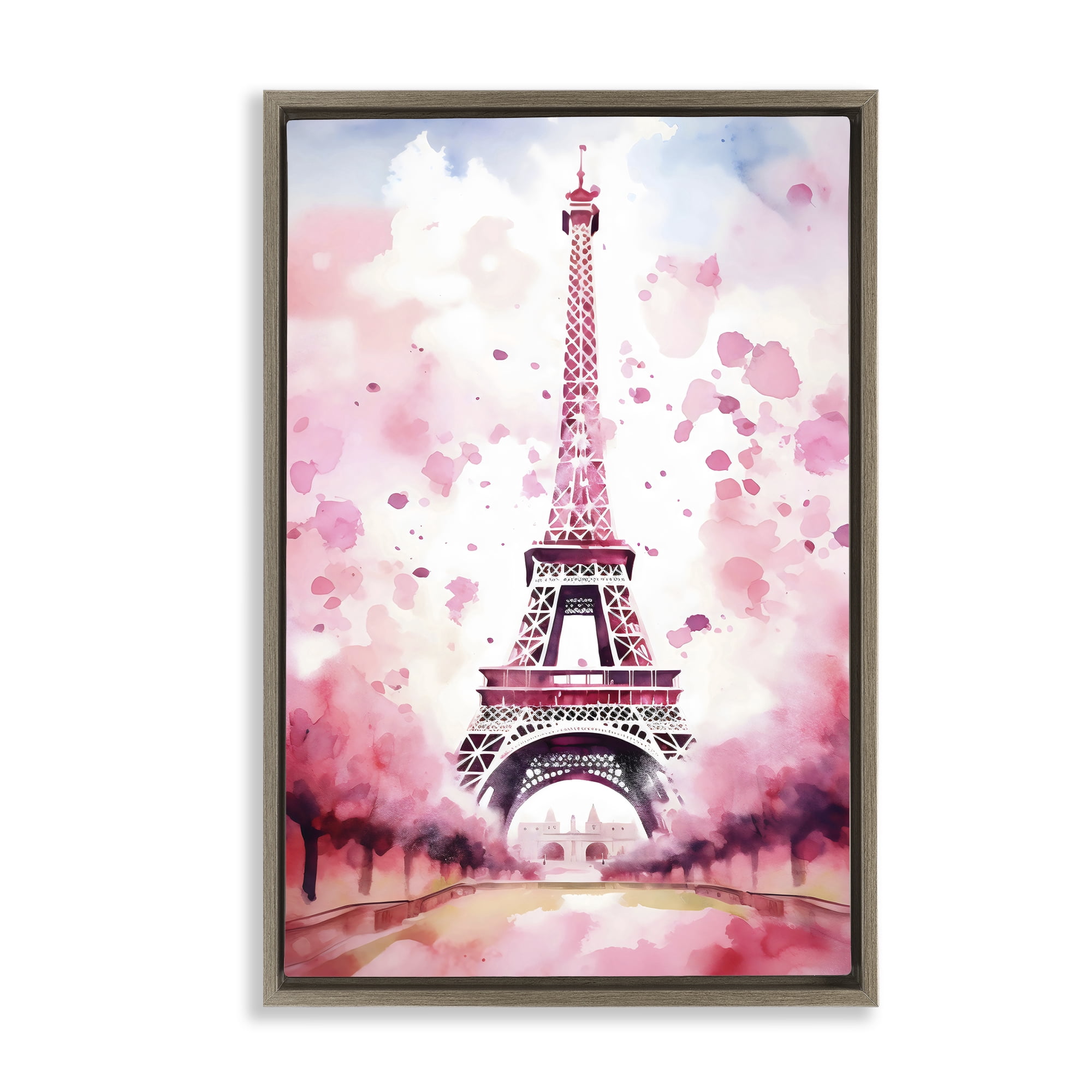 Stupell Industries Blush Watercolor Eiffel Tower Brown Framed Floater Canvas Wall Art, design by Creative Studio