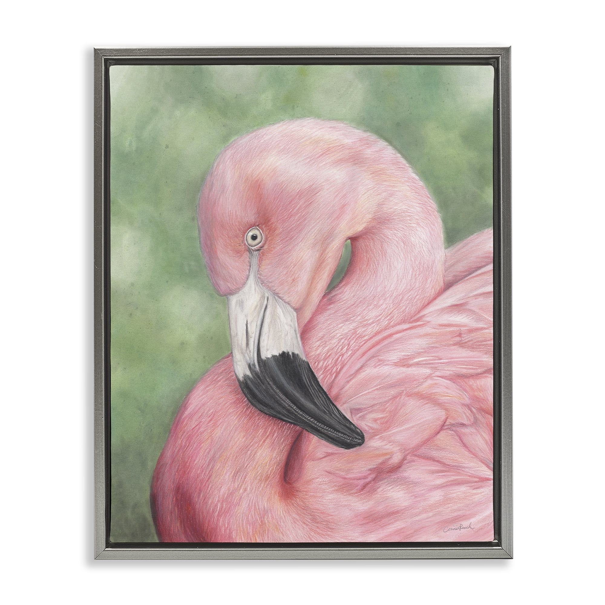 Stupell Industries Blushing Flamingo Visage Animals & Insects Painting Gray Floater Framed Canvas Art Print Wall Art, 17 x 21