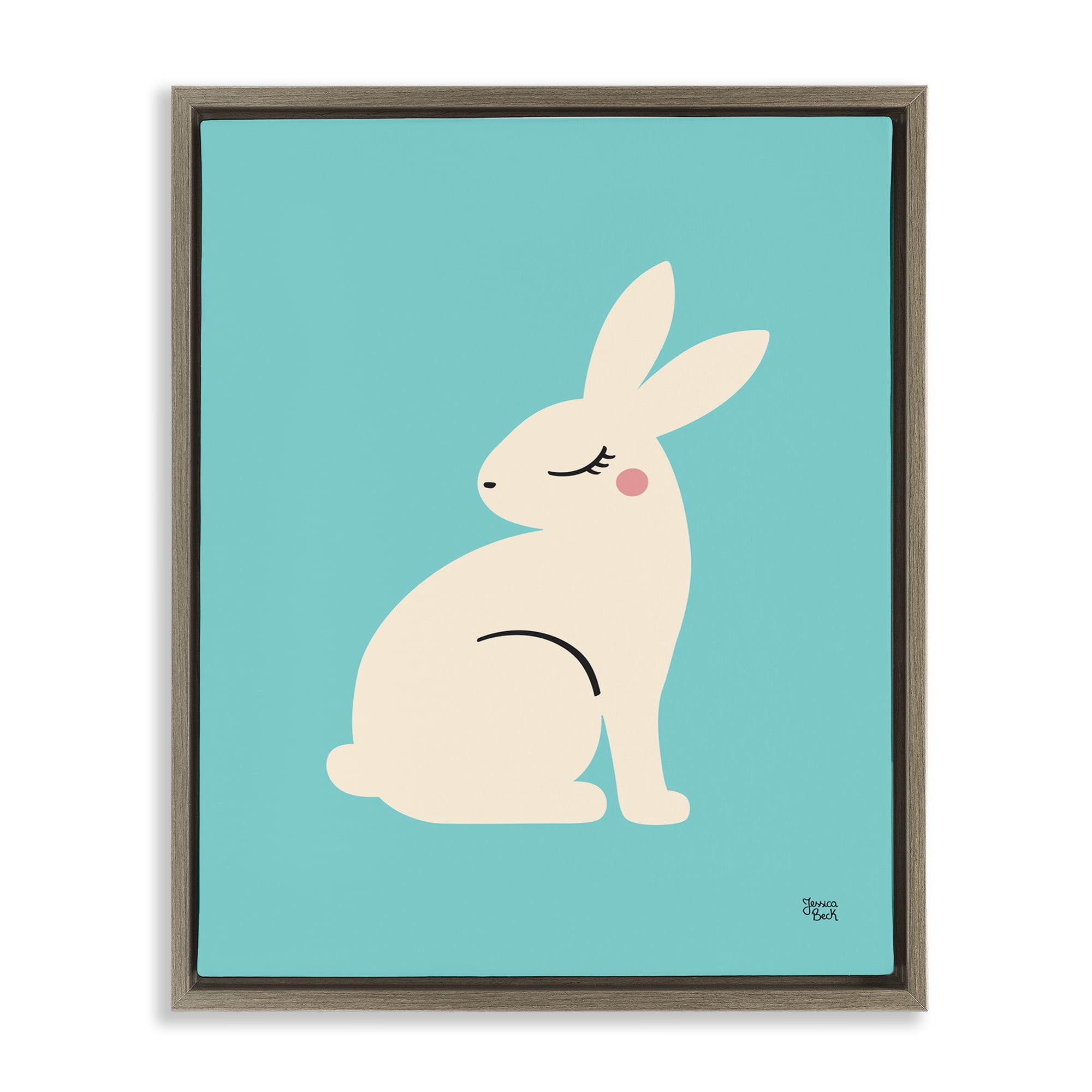 Stupell Industries Blushing Rabbit on Blue Animals Painting Brown Floater Framed Canvas Art Print Wall Art, 25 x 31