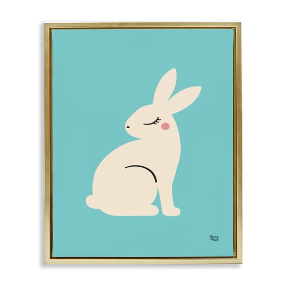 Stupell Industries Blushing Rabbit on Blue Animals Painting Gold Floater Framed Canvas Art Print Wall Art, 17 x 21