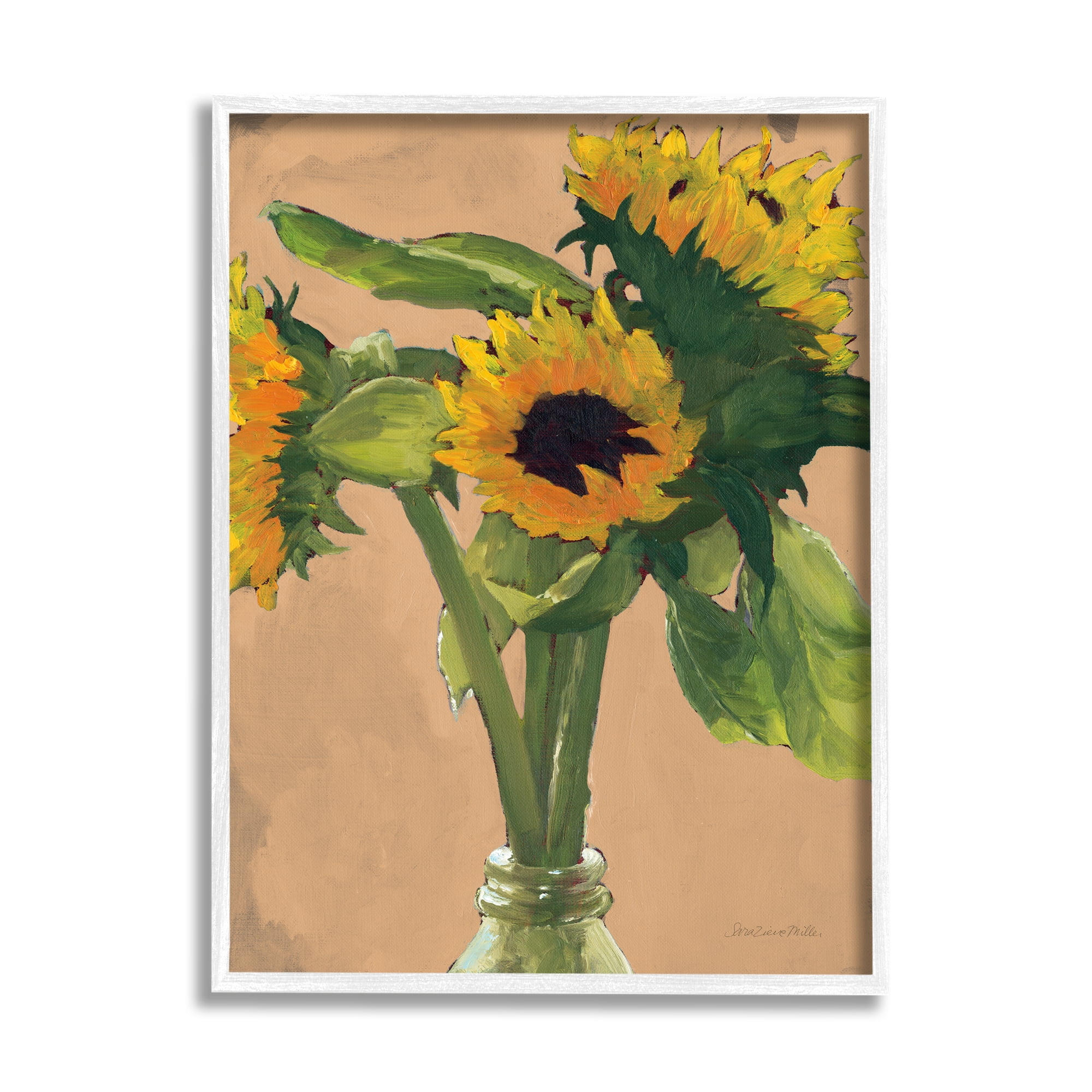 Stupell Industries Blushing Sunflower Stalks Flower Vase Glass Bottle Paintings White Framed Art Print Wall Art, 16x20, by Sara Zieve Miller