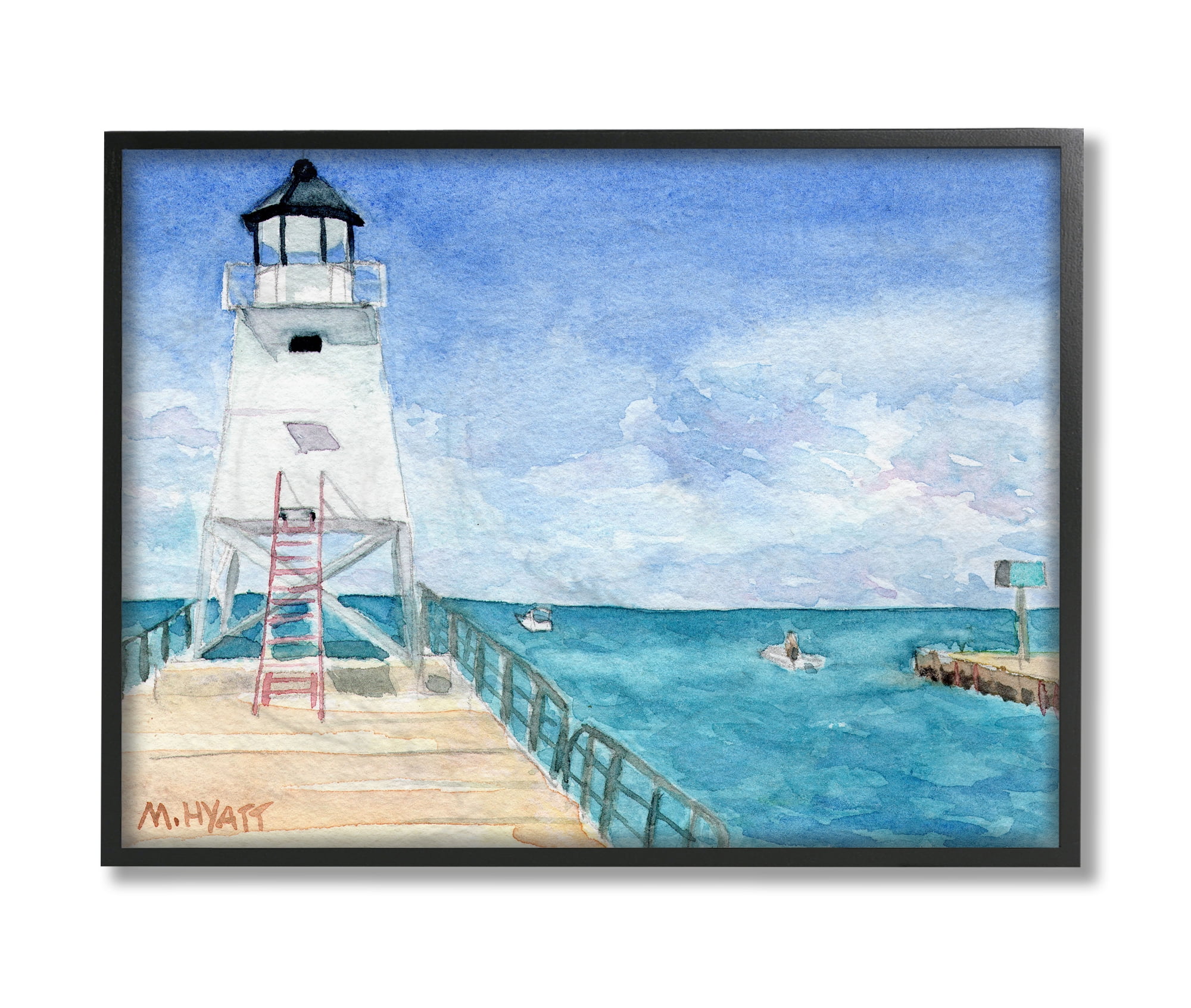 Stupell Industries Boardwalk Leading to Lighthouse Seaside Landscape Black Framed, 24 x 30, Design by Melissa Hyatt LLC
