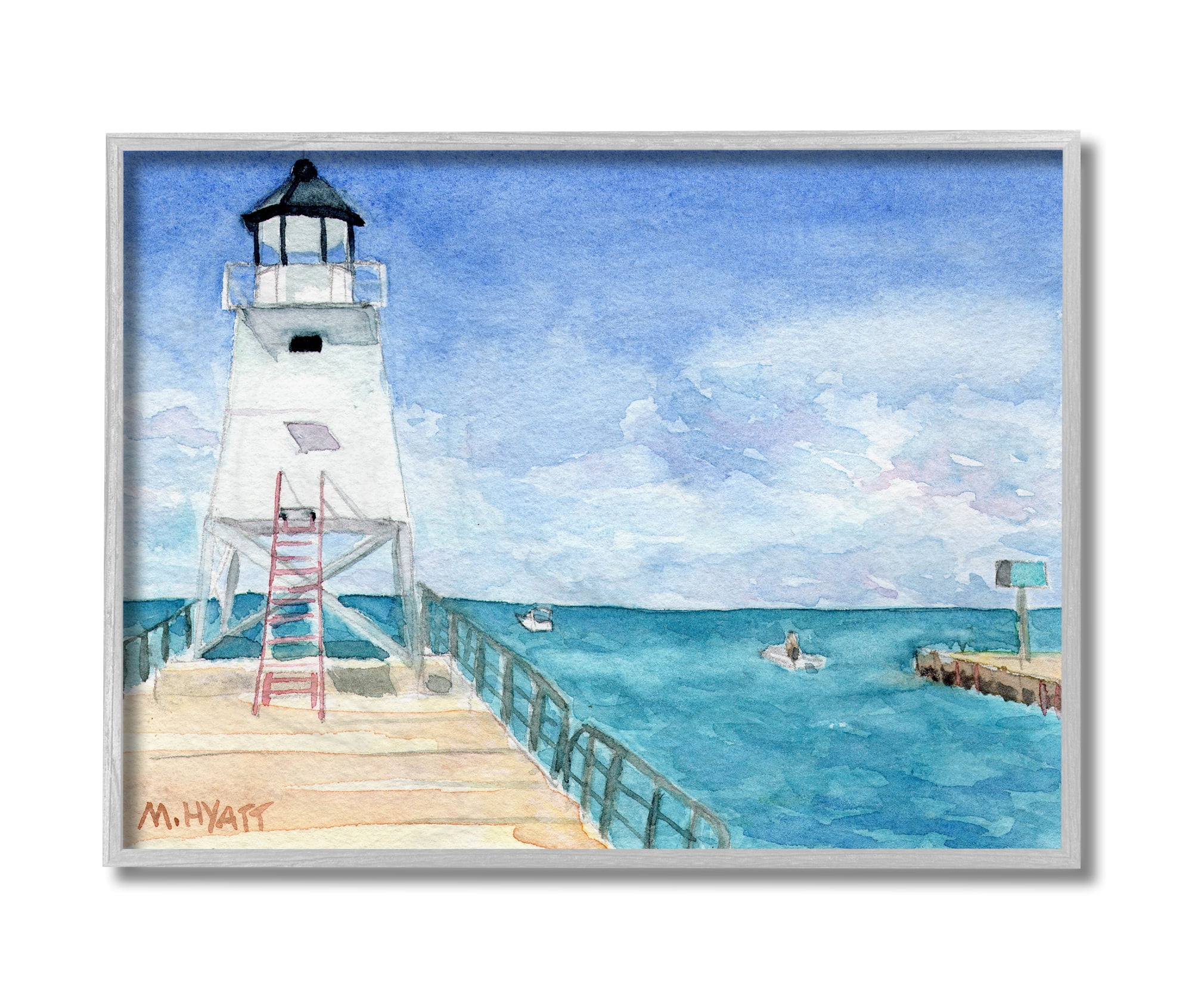 Stupell Industries Boardwalk Leading to Lighthouse Seaside Landscape Grey Framed, 16 x 20, Design by Melissa Hyatt LLC