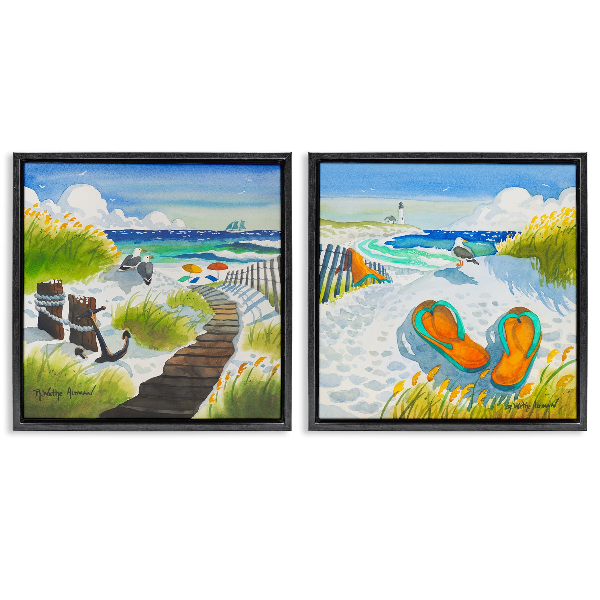Stupell Industries Boardwalk Through Beach Scenery 2 Piece Black Framed Floater Canvas Set, design by Robin Altman