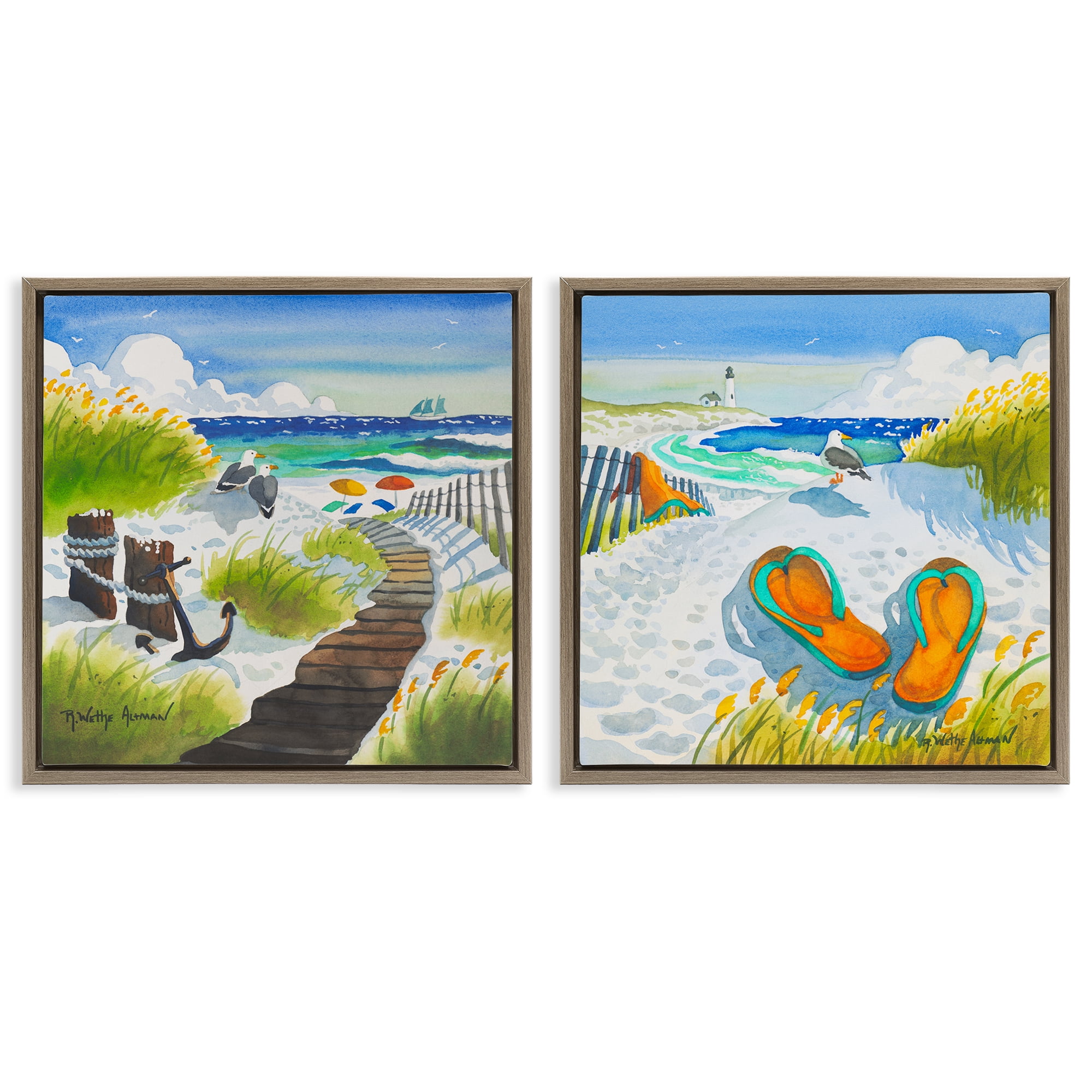 Stupell Industries Boardwalk Through Beach Scenery 2 Piece Brown Framed Floater Canvas Set, design by Robin Altman