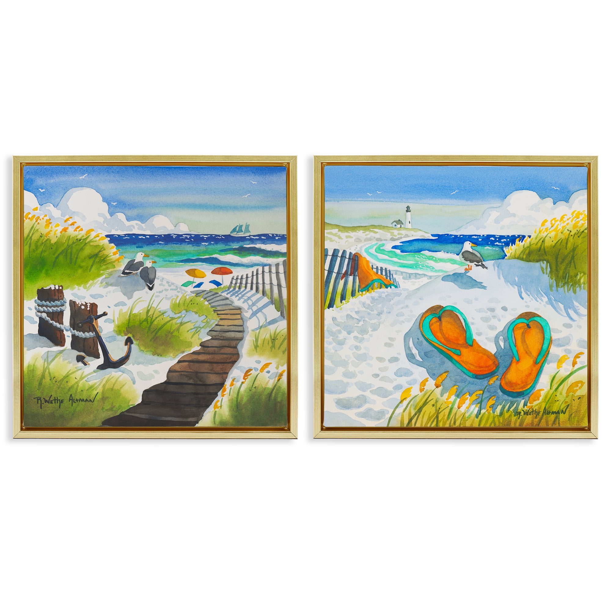 Stupell Industries Boardwalk Through Beach Scenery 2 Piece Gold Framed Floater Canvas Set, design by Robin Altman
