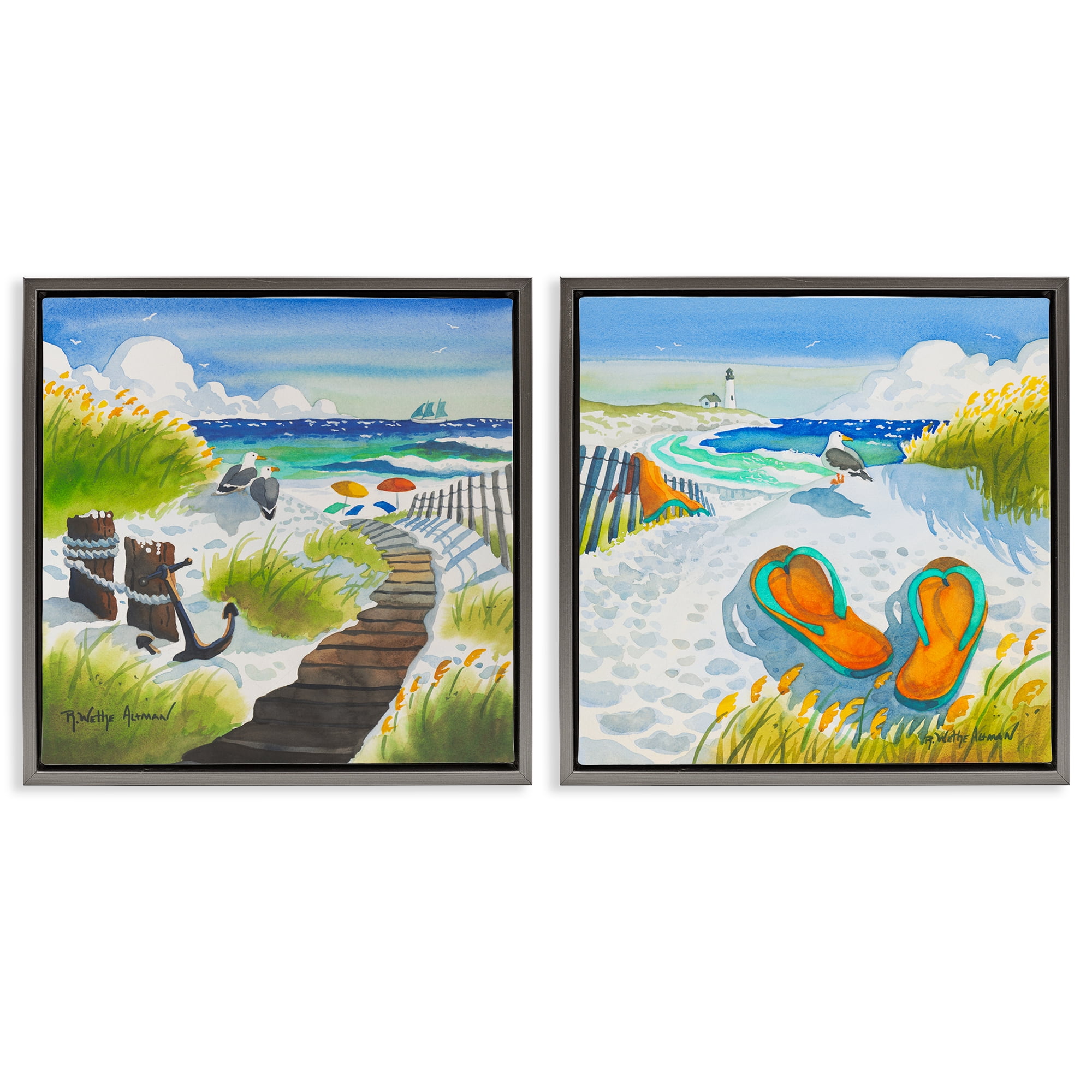 Stupell Industries Boardwalk Through Beach Scenery 2 Piece Gray Framed Floater Canvas Set, design by Robin Altman
