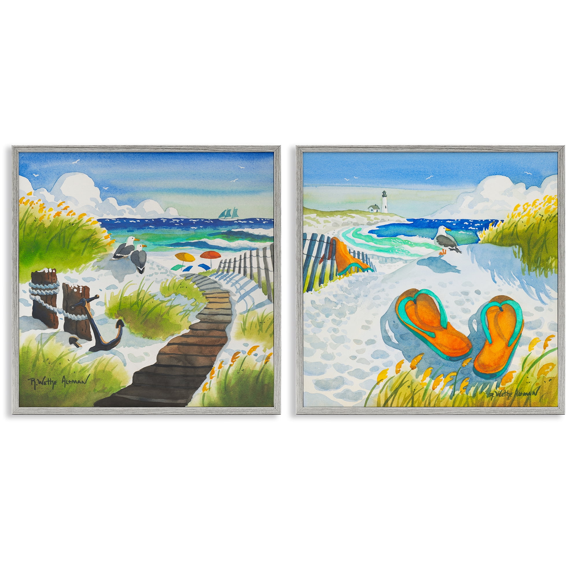 Stupell Industries Boardwalk Through Beach Scenery 2 Piece Gray Framed Giclee Art Set, design by Robin Altman