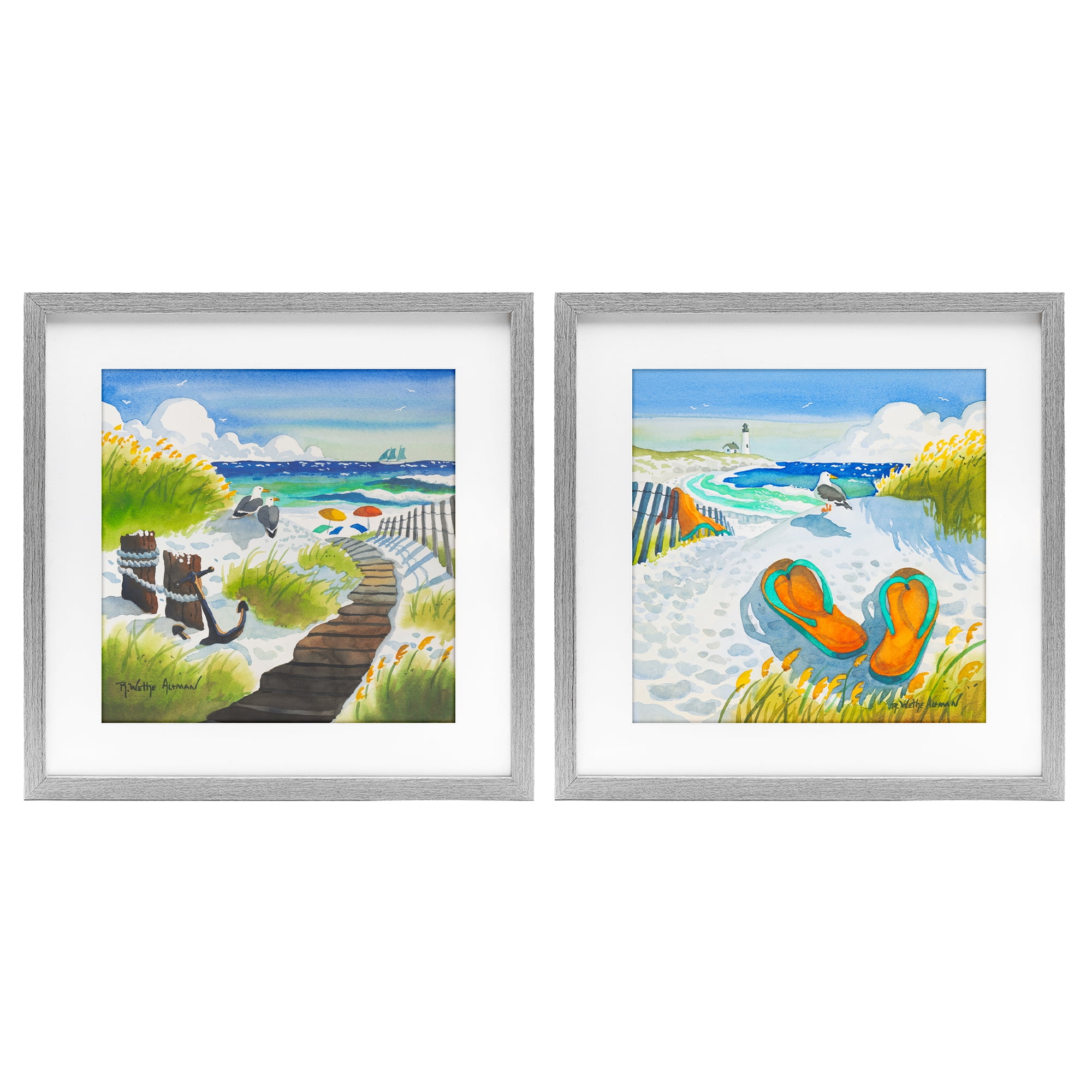 Stupell Industries Boardwalk Through Beach Scenery 2 Piece Gray Framed Print Under Glass Set, design by Robin Altman