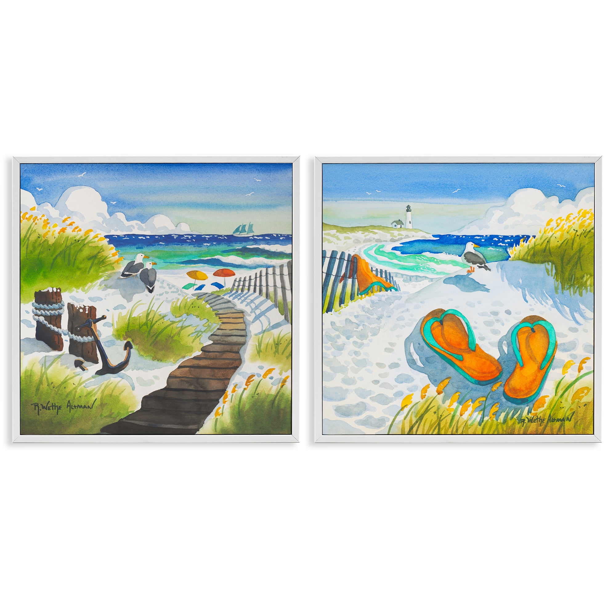 Stupell Industries Boardwalk Through Beach Scenery 2 Piece White Framed Giclee Art Set, design by Robin Altman