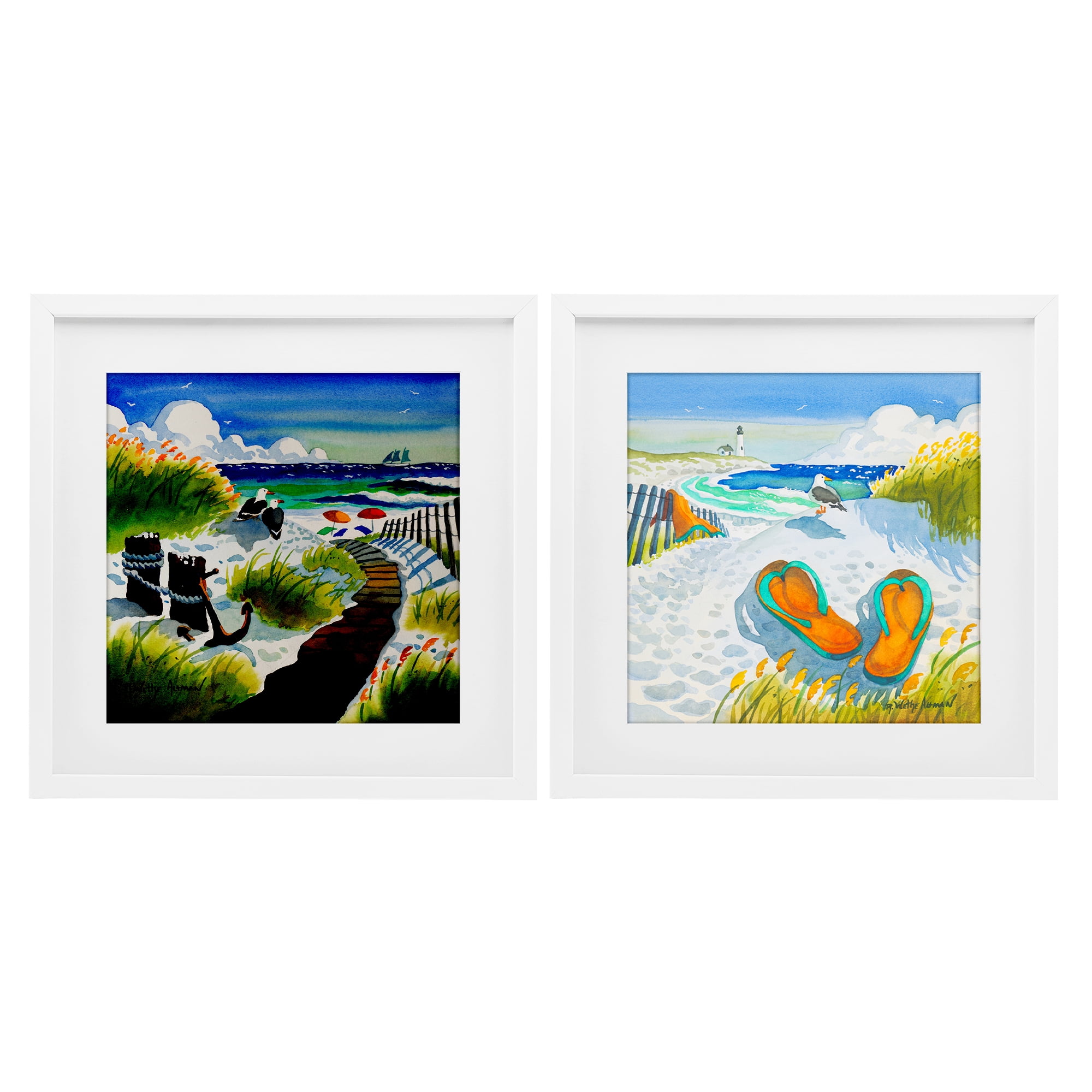 Stupell Industries Boardwalk Through Beach Scenery 2 Piece White Framed Print Under Glass Set, design by Robin Altman