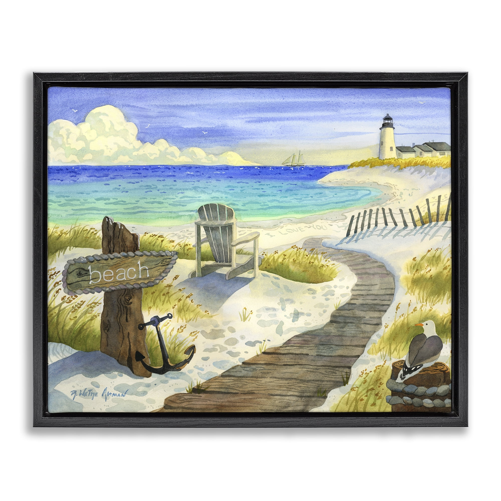 Stupell Industries Boardwalk To The Lighthouse Black Framed Floater Canvas Wall Art, design by Robin Altman