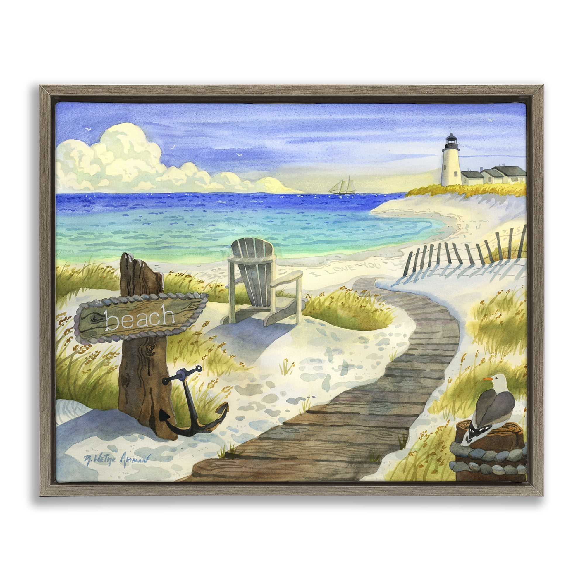 Stupell Industries Boardwalk To The Lighthouse Brown Framed Floater Canvas Wall Art, design by Robin Altman