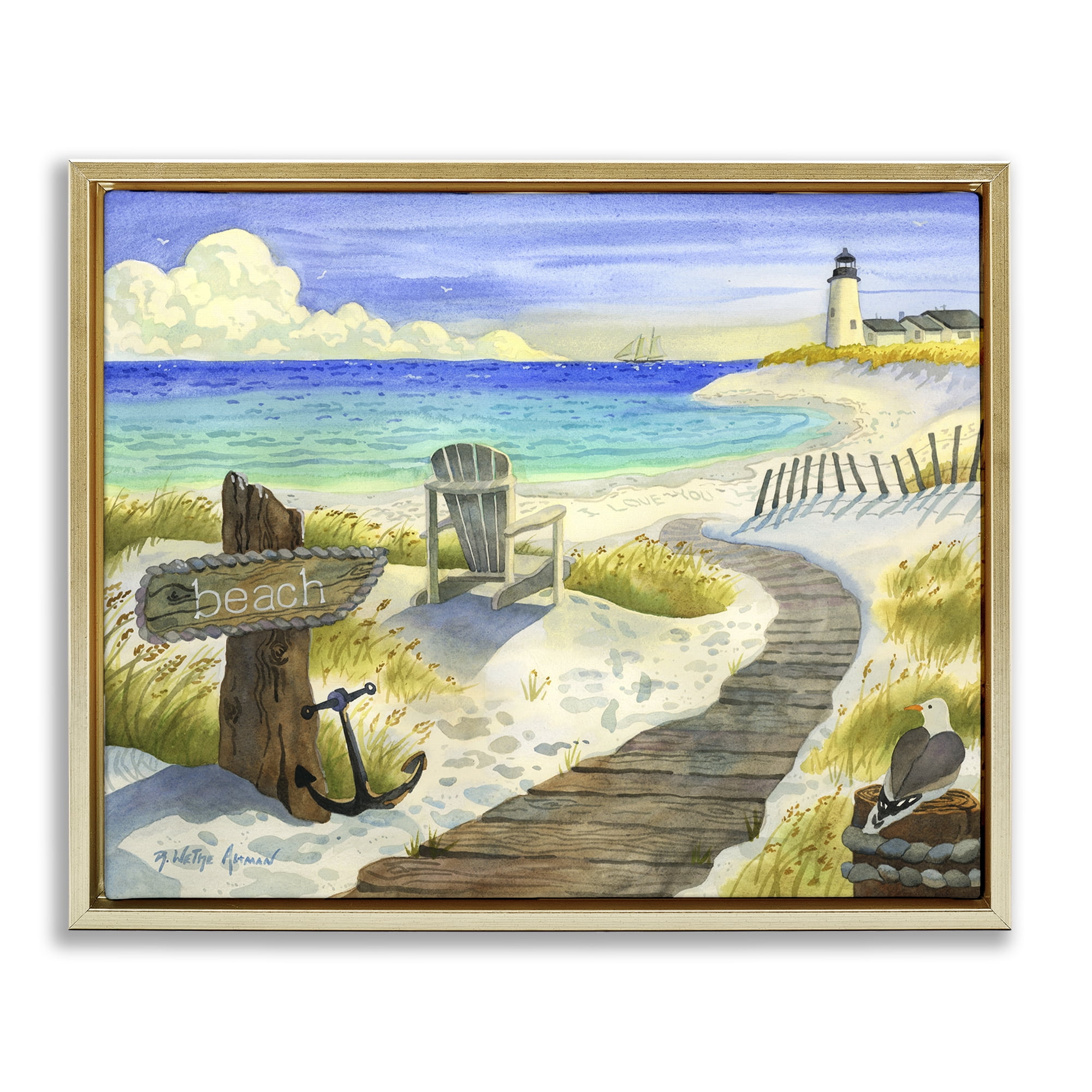 Stupell Industries Boardwalk To The Lighthouse Gold Framed Floater Canvas Wall Art, design by Robin Altman