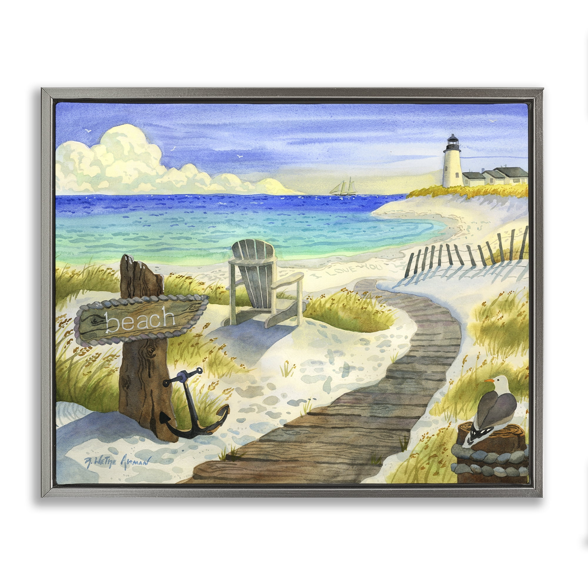 Stupell Industries Boardwalk To The Lighthouse Gray Framed Floater Canvas Wall Art, design by Robin Altman