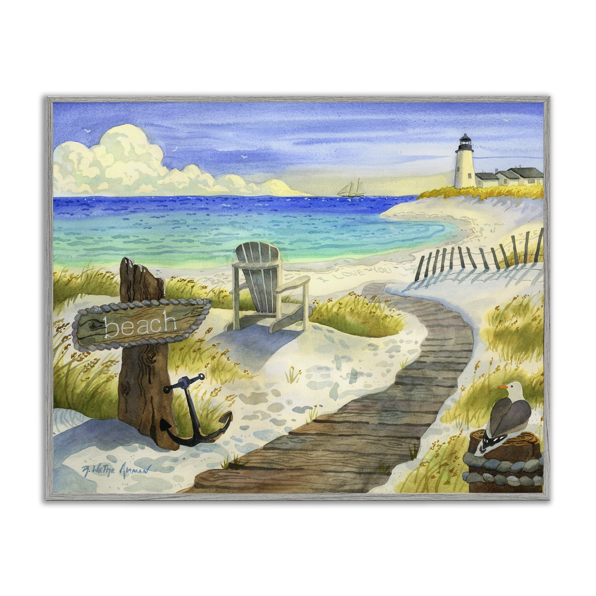 Stupell Industries Boardwalk To The Lighthouse Gray Framed Giclee Art, design by Robin Altman