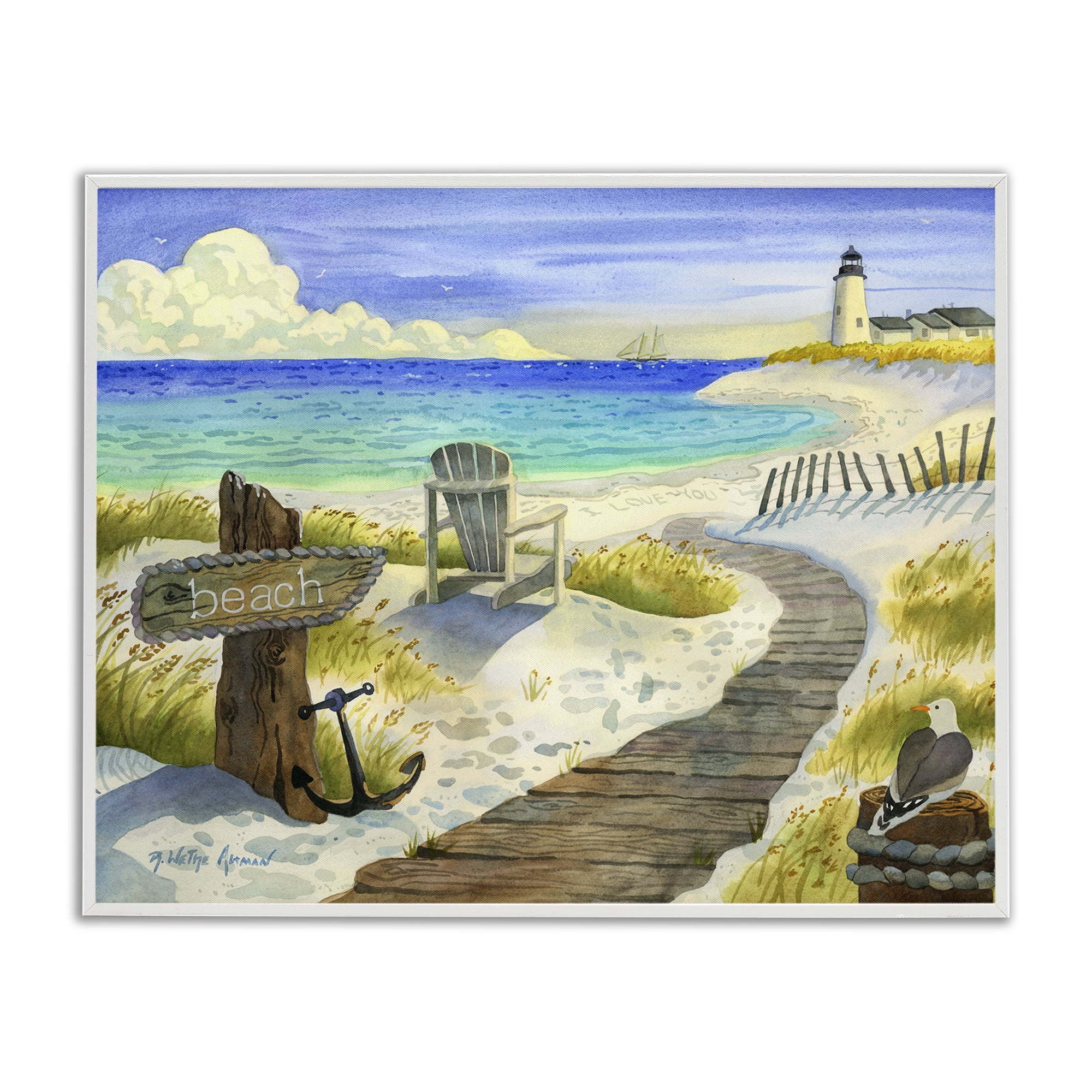 Stupell Industries Boardwalk To The Lighthouse White Framed Giclee Art, design by Robin Altman