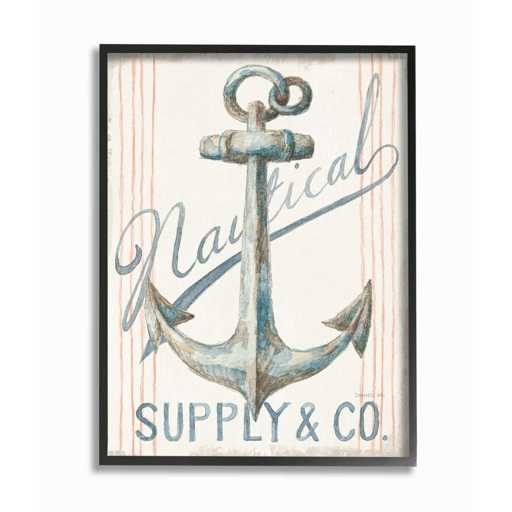 Stupell Industries Boat Anchor Sign Nautical Ocean Pastel Watercolor Framed Wall Art Design by Danhui Nai, 11" x 14", Black Framed