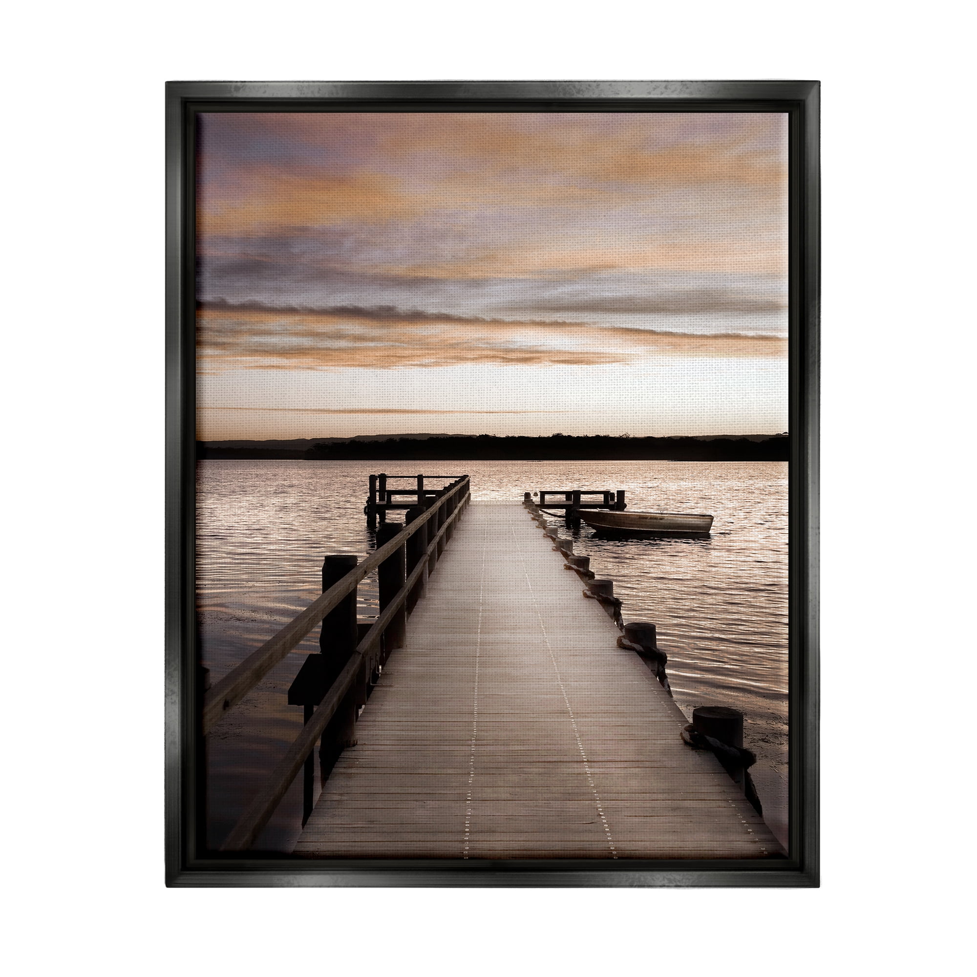 Stupell Industries Boat & Beach Pier Landscape Photography Black Floater Framed Canvas Art Print Wall Art, 17 x 21