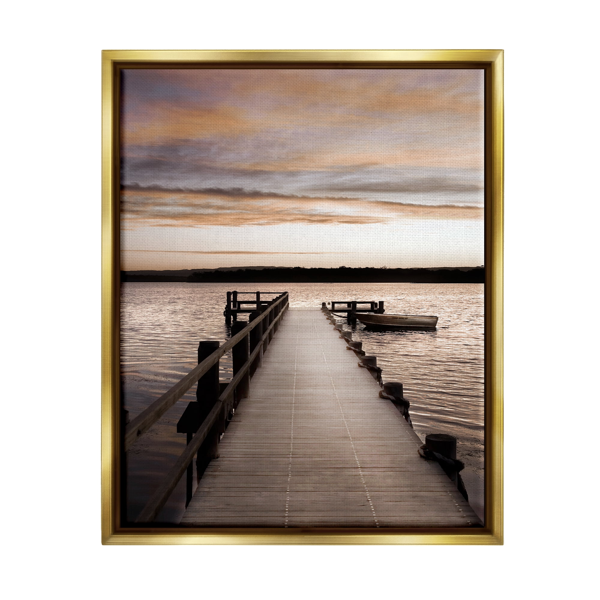 Stupell Industries Boat & Beach Pier Landscape Photography Gold Floater Framed Canvas Art Print Wall Art, 25 x 31