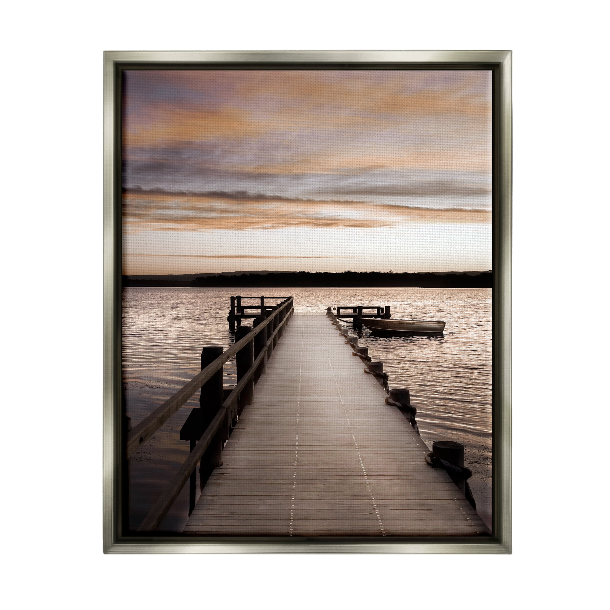 Stupell Industries Boat & Beach Pier Landscape Photography Gray Floater Framed Canvas Art Print Wall Art, 25 x 31