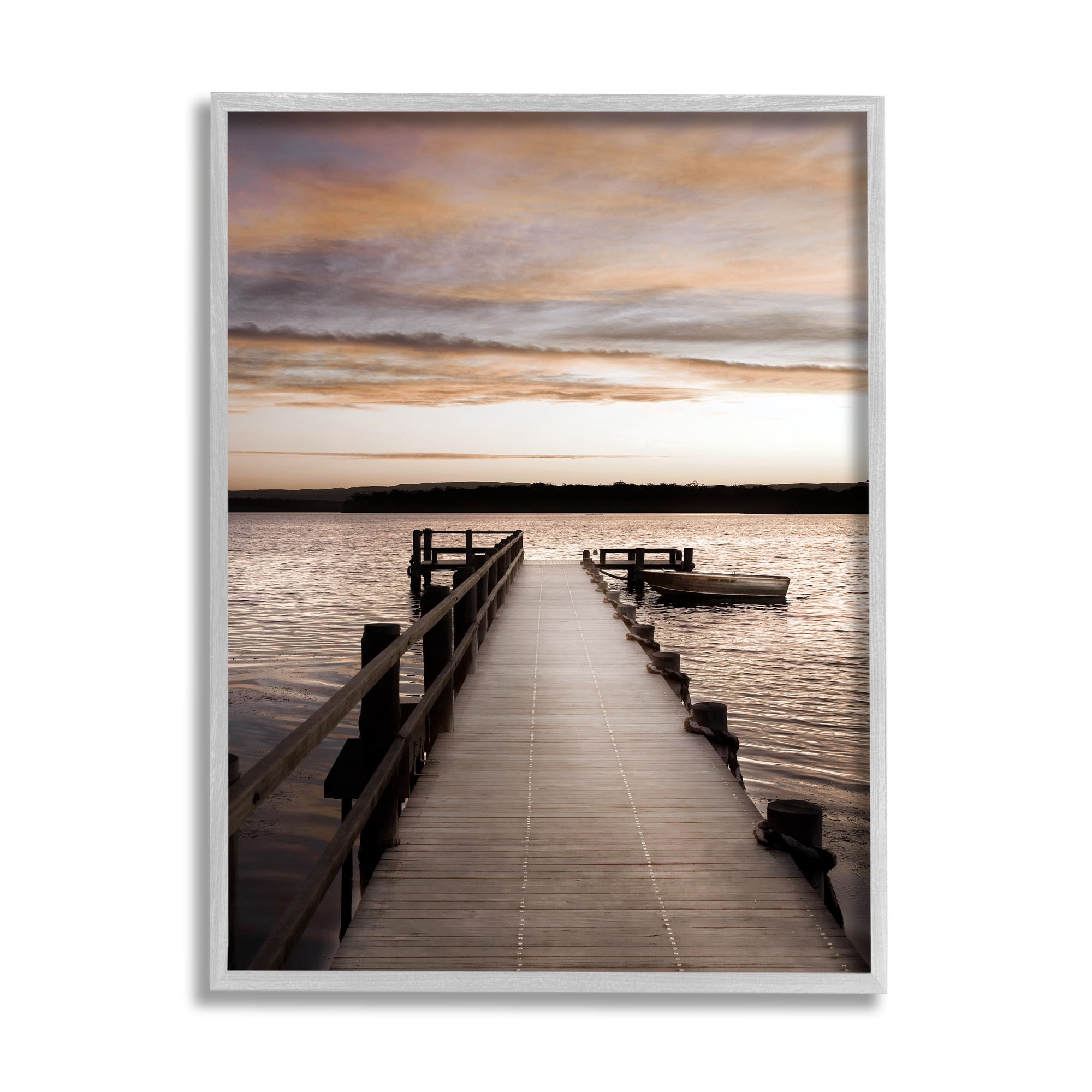 Stupell Industries Boat & Beach Pier Landscape Photography Gray Framed Art Print Wall Art, 11 x 14