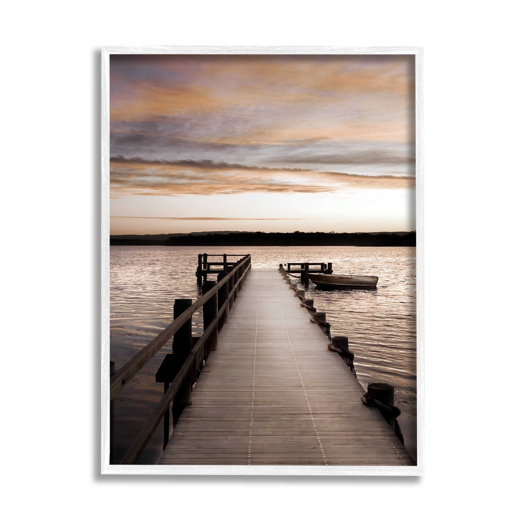 Stupell Industries Boat & Beach Pier Landscape Photography White Framed Art Print Wall Art, 16 x 20
