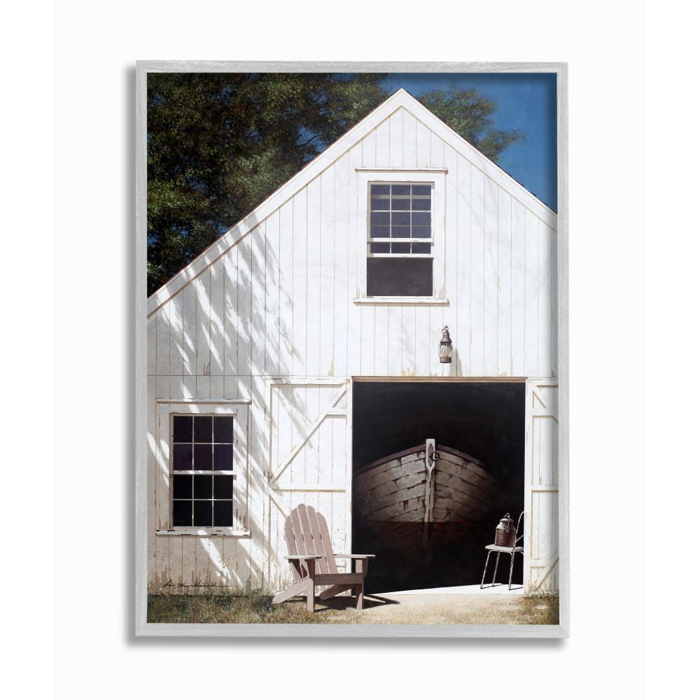 Stupell Industries Boat Behind Barn Door Rural Realistic Painting Framed Wall Art Design by Zhen-Huan Lu, 11" x 14", Gray Framed
