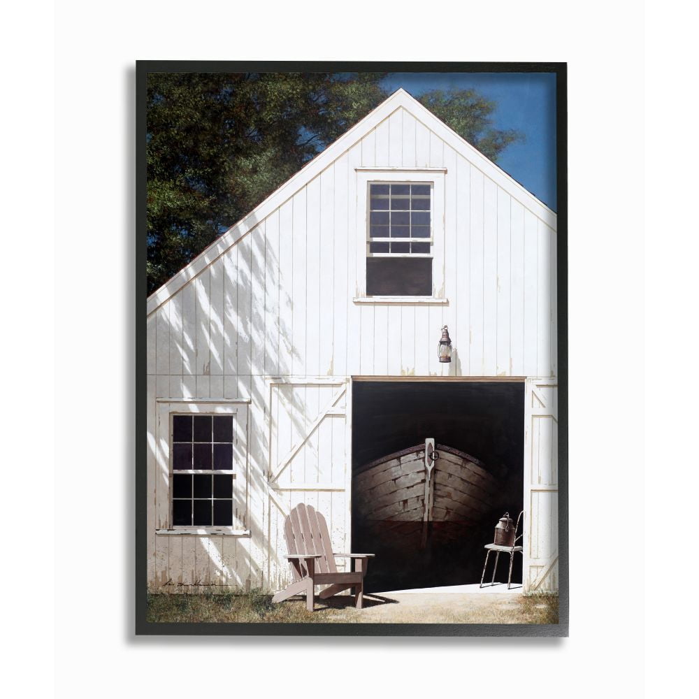 Stupell Industries Boat Behind Barn Door Rural Realistic Painting Framed Wall Art Design by Zhen-Huan Lu, 24" x 30", Black Framed