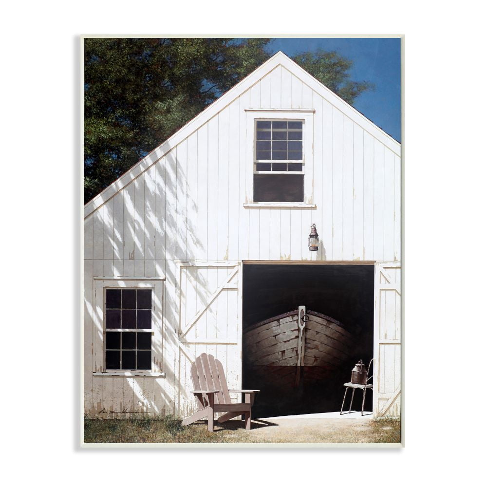 Stupell Industries Boat Behind Barn Door Rural Realistic Painting Wall Plaque Design by Zhen-Huan Lu