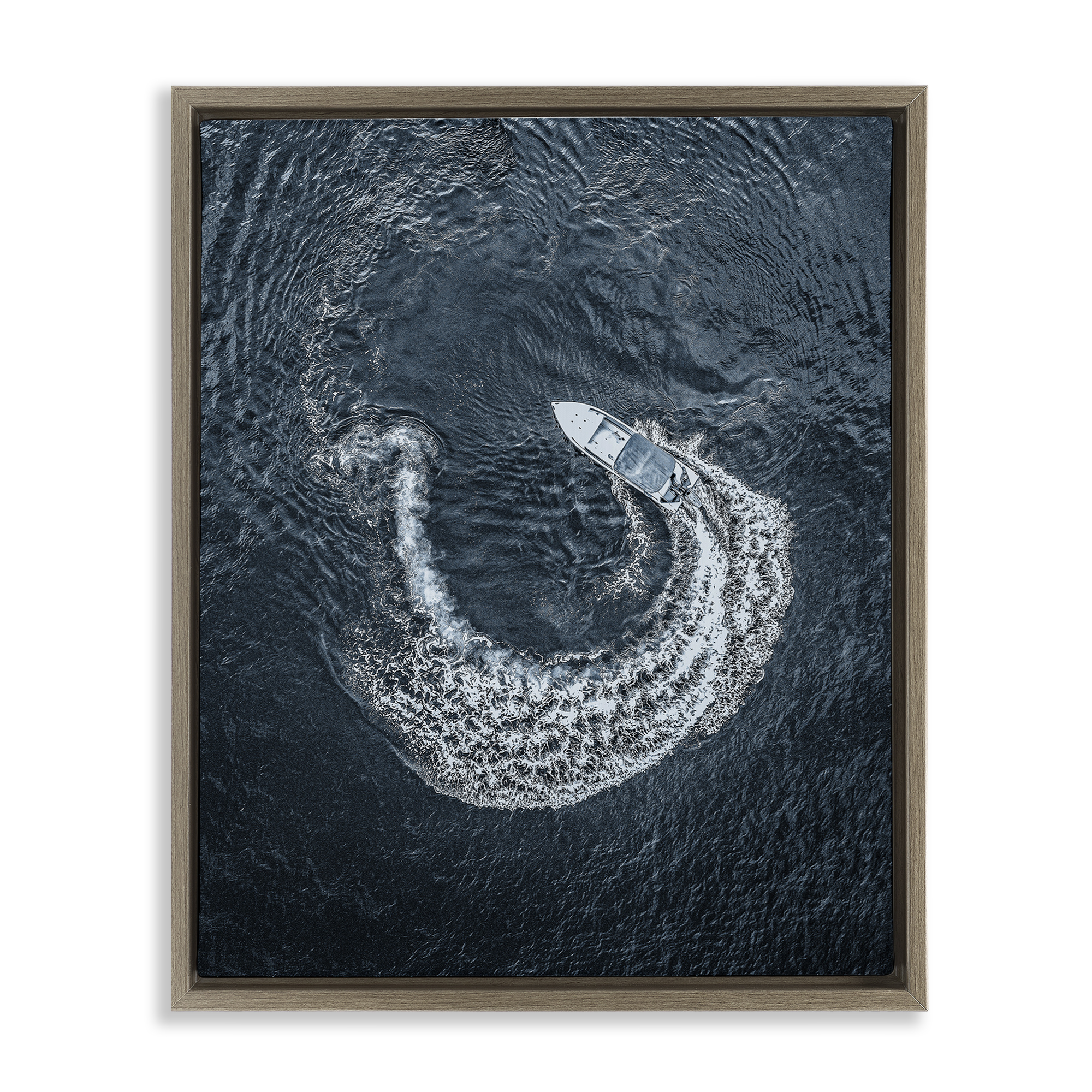 Stupell Industries Boat Circling Water Transportation Photography Brown Floater Framed Canvas Art Print Wall Art, 25 x 31