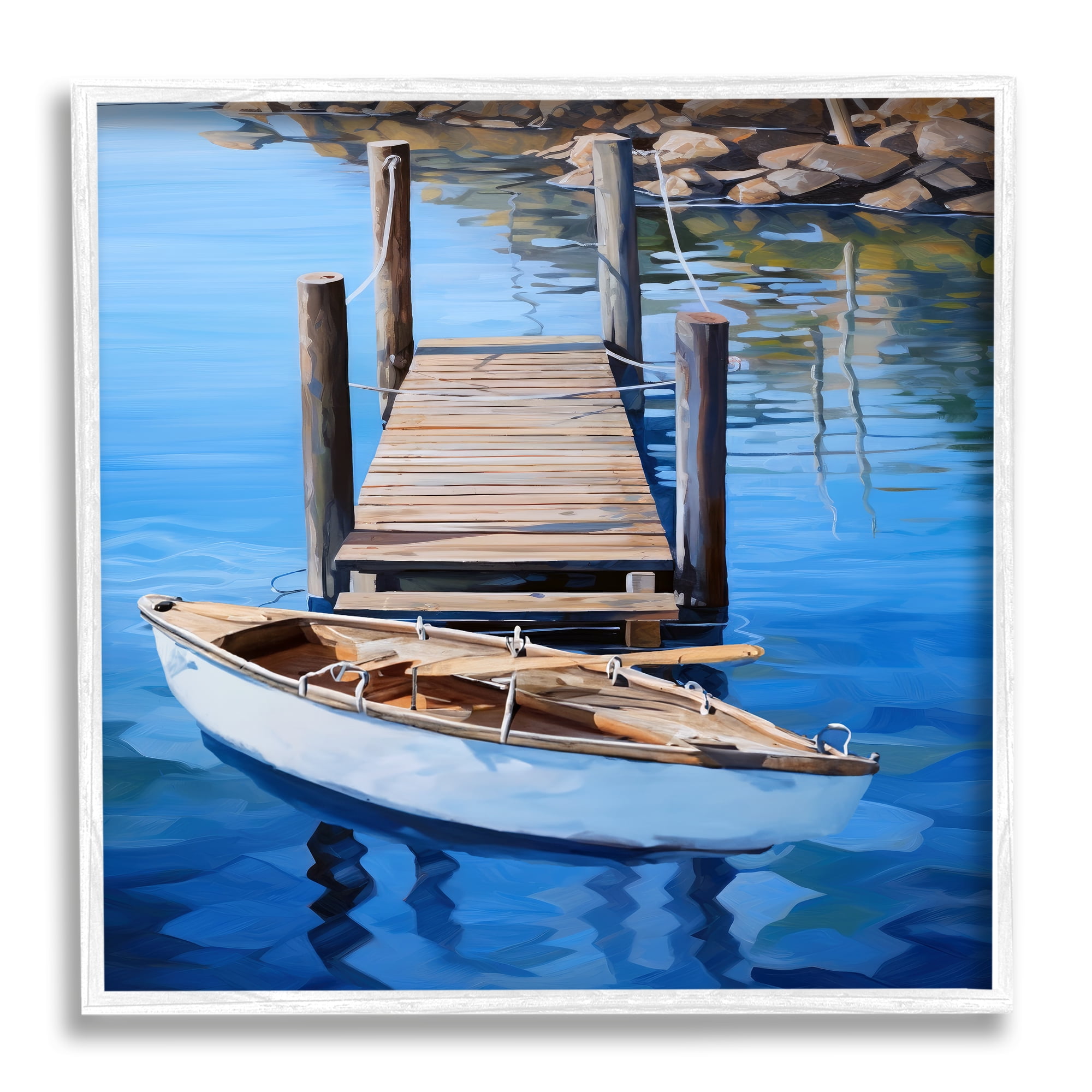 Stupell Industries Boat & Dock Painting Landscape Painting White Framed Art Print Wall Art, 17 x 17