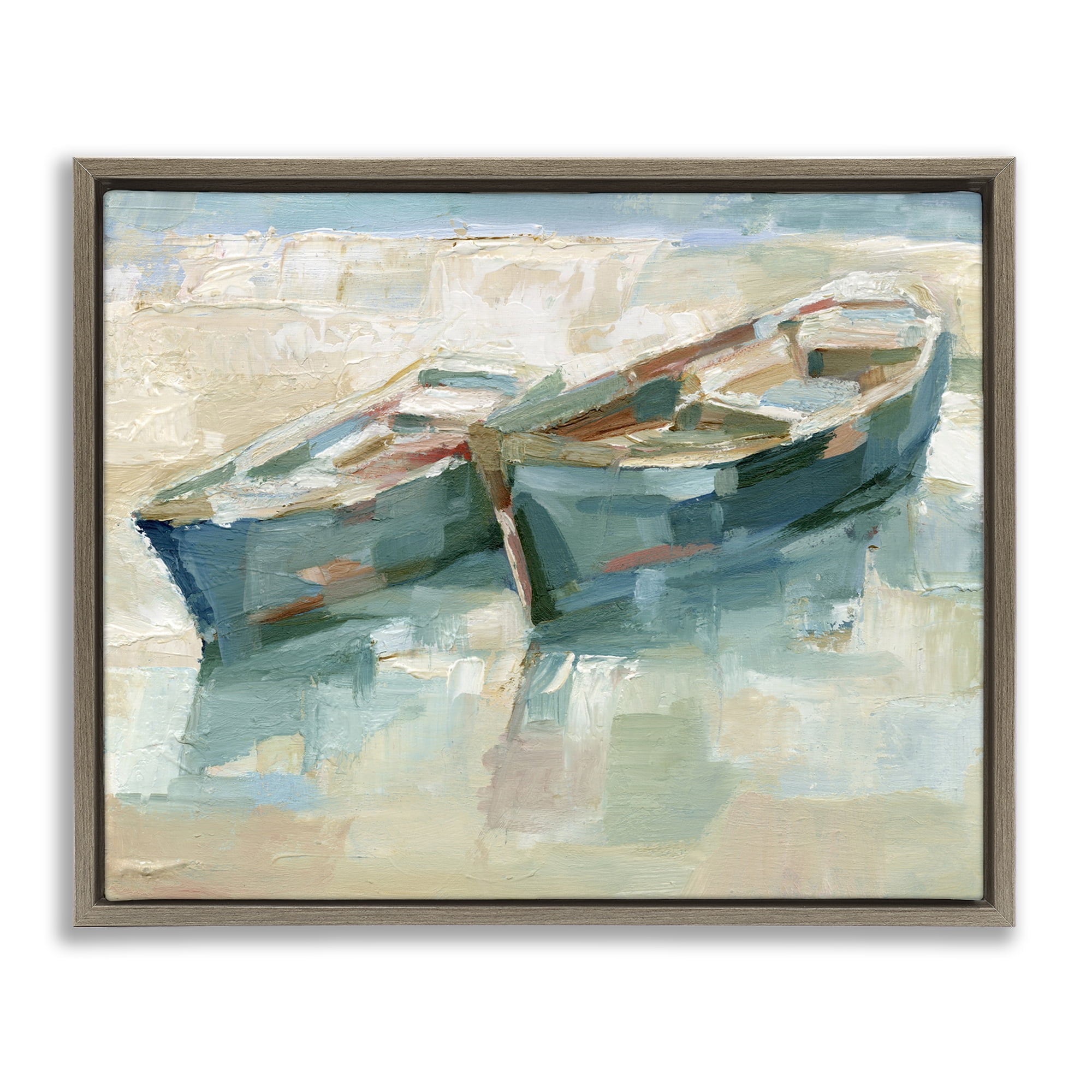 Stupell Industries Boat Duo on Shore Transportation Painting Brown Floater Framed Canvas Art Print Wall Art, 21 x 17