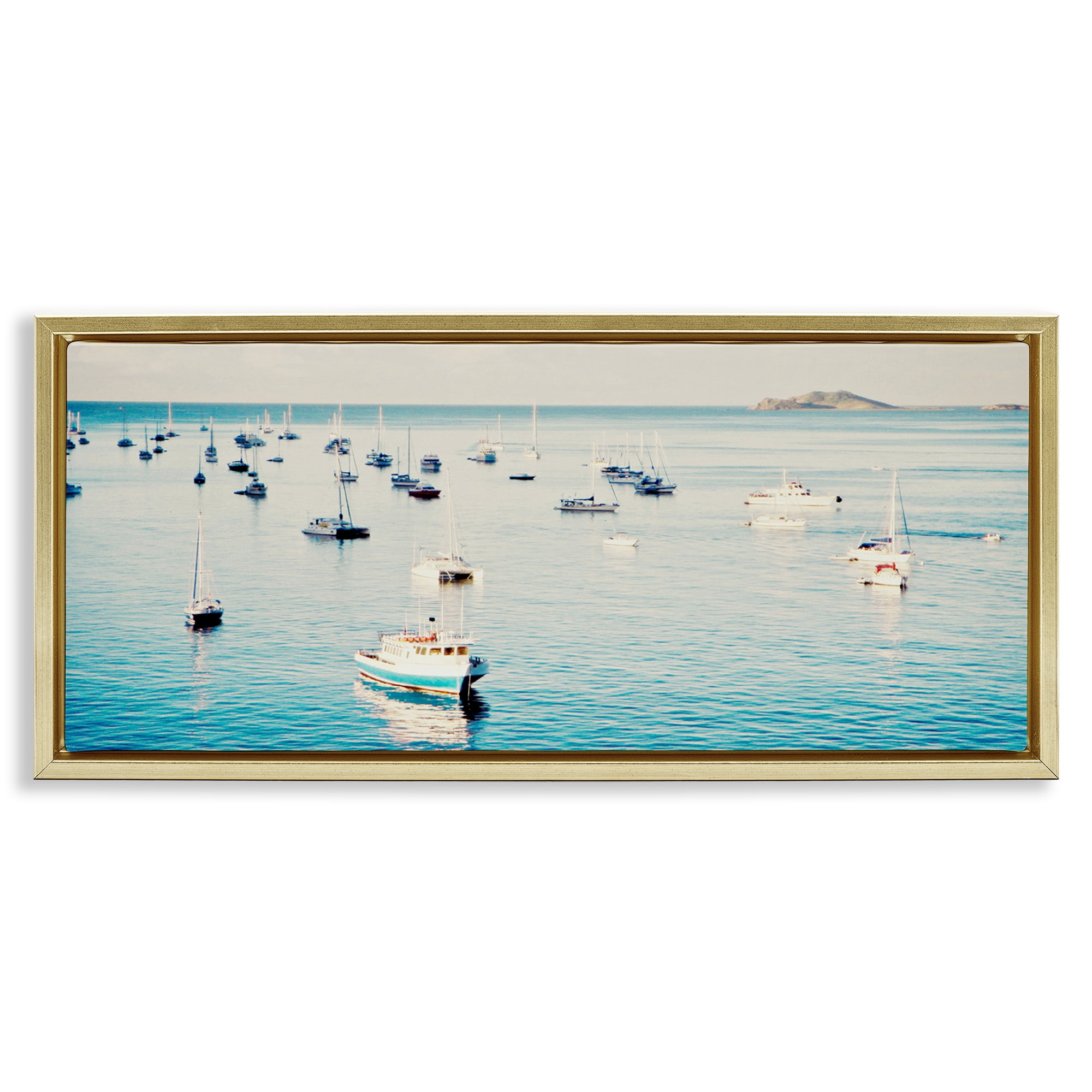 Stupell Industries Boat Fleet Marina Transportation Photography Gold Floater Framed Canvas Art Print Wall Art, 31 x 14
