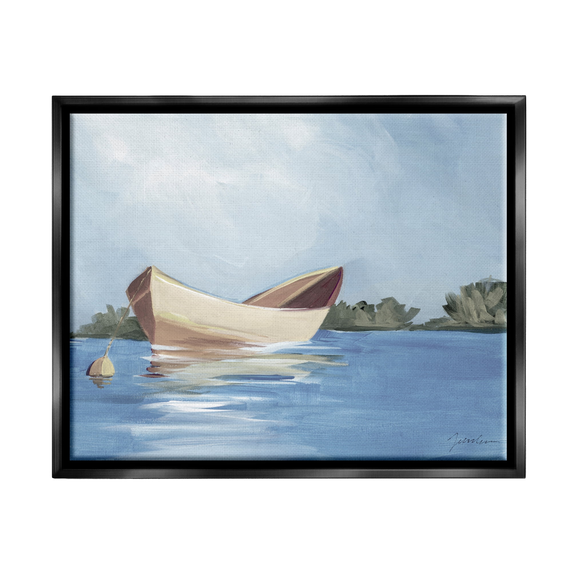 Stupell Industries Boat Floating on Lake Transportation Painting Black Floater Framed Art Print Wall Art, 21 x 17