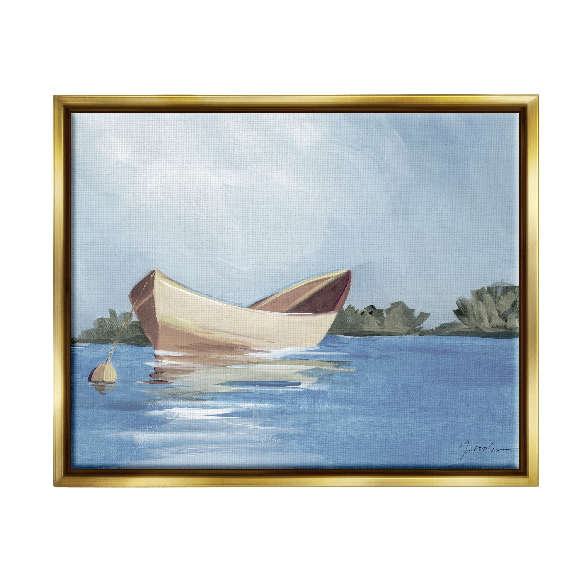 Stupell Industries Boat Floating on Lake Transportation Painting Gold Floater Framed Art Print Wall Art, 21 x 17