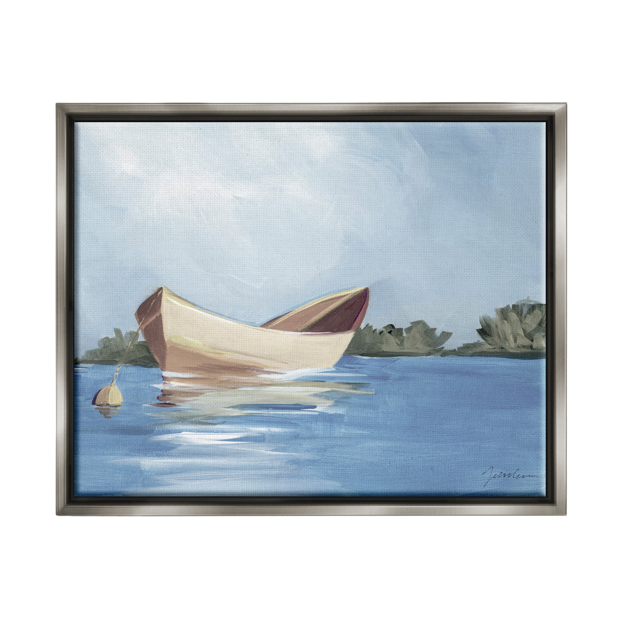 Stupell Industries Boat Floating on Lake Transportation Painting Gray Floater Framed Art Print Wall Art, 31 x 25