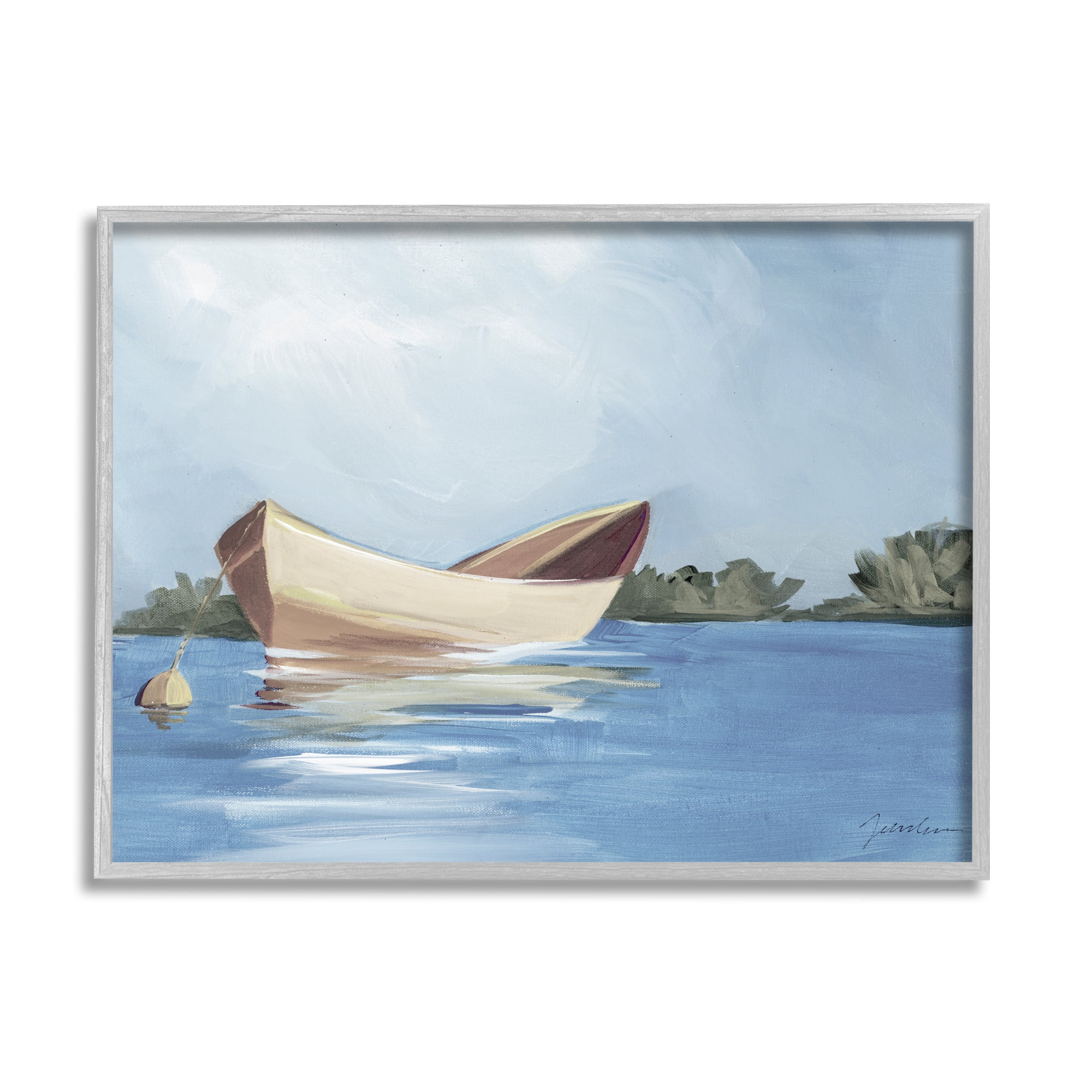 Stupell Industries Boat Floating on Lake Transportation Painting Gray Framed Art Print Wall Art, 20 x 16