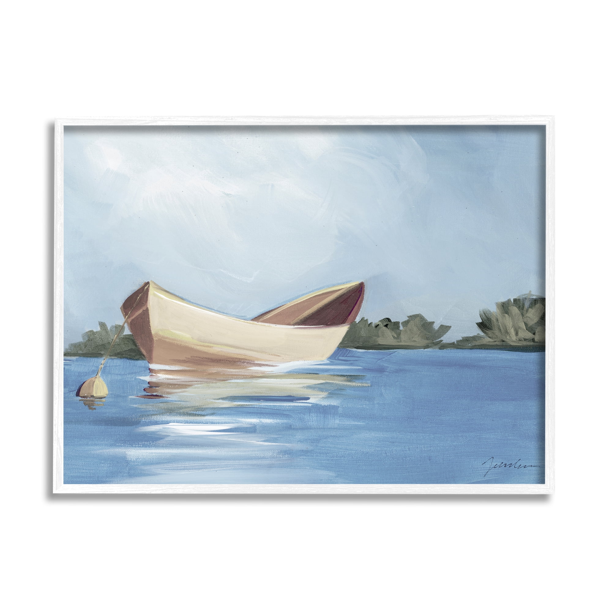 Stupell Industries Boat Floating on Lake Transportation Painting White Framed Art Print Wall Art, 20 x 16