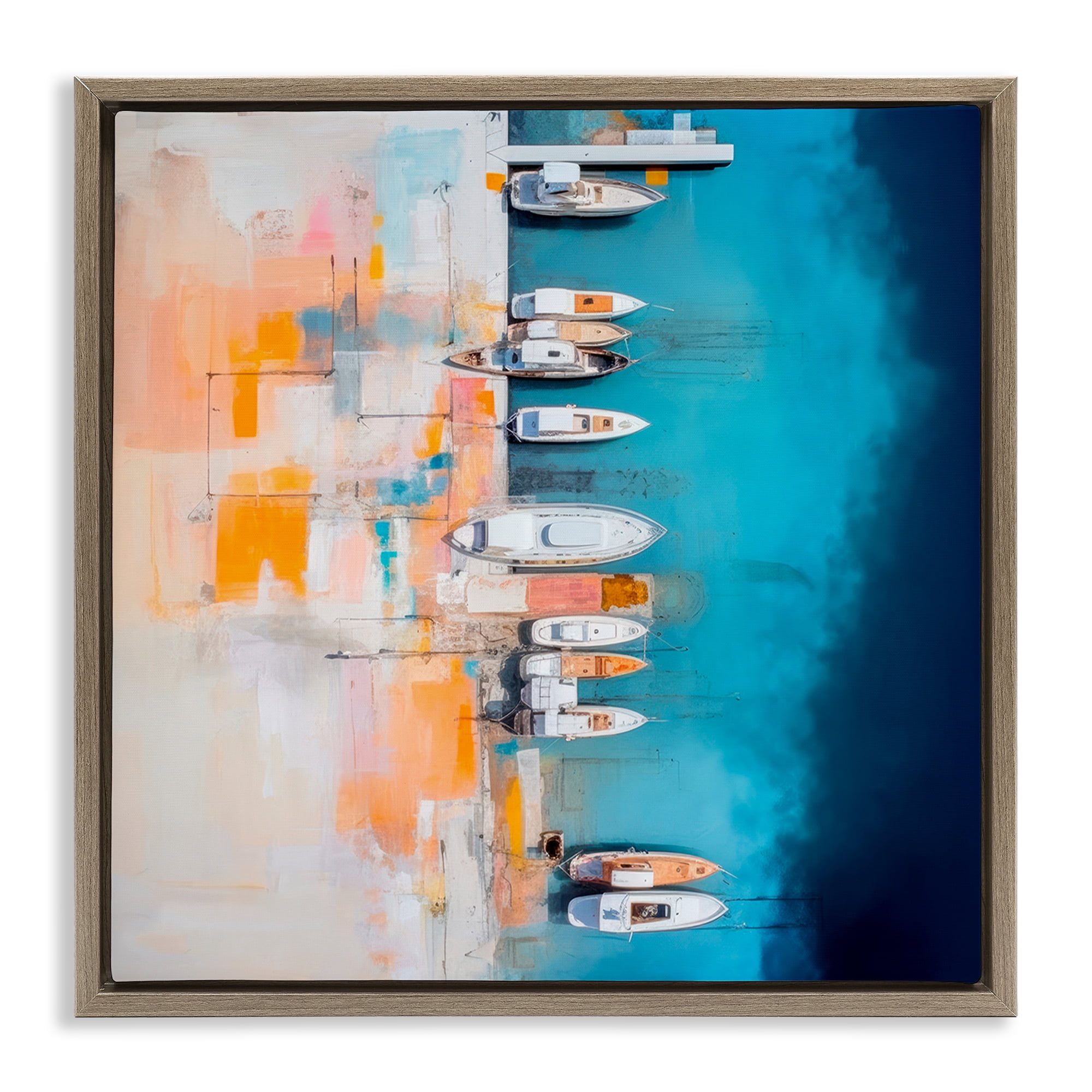 Stupell Industries Boat Harbor Aerial View Transportation Painting Brown Floater Framed Canvas Art Print Wall Art, 25 x 25