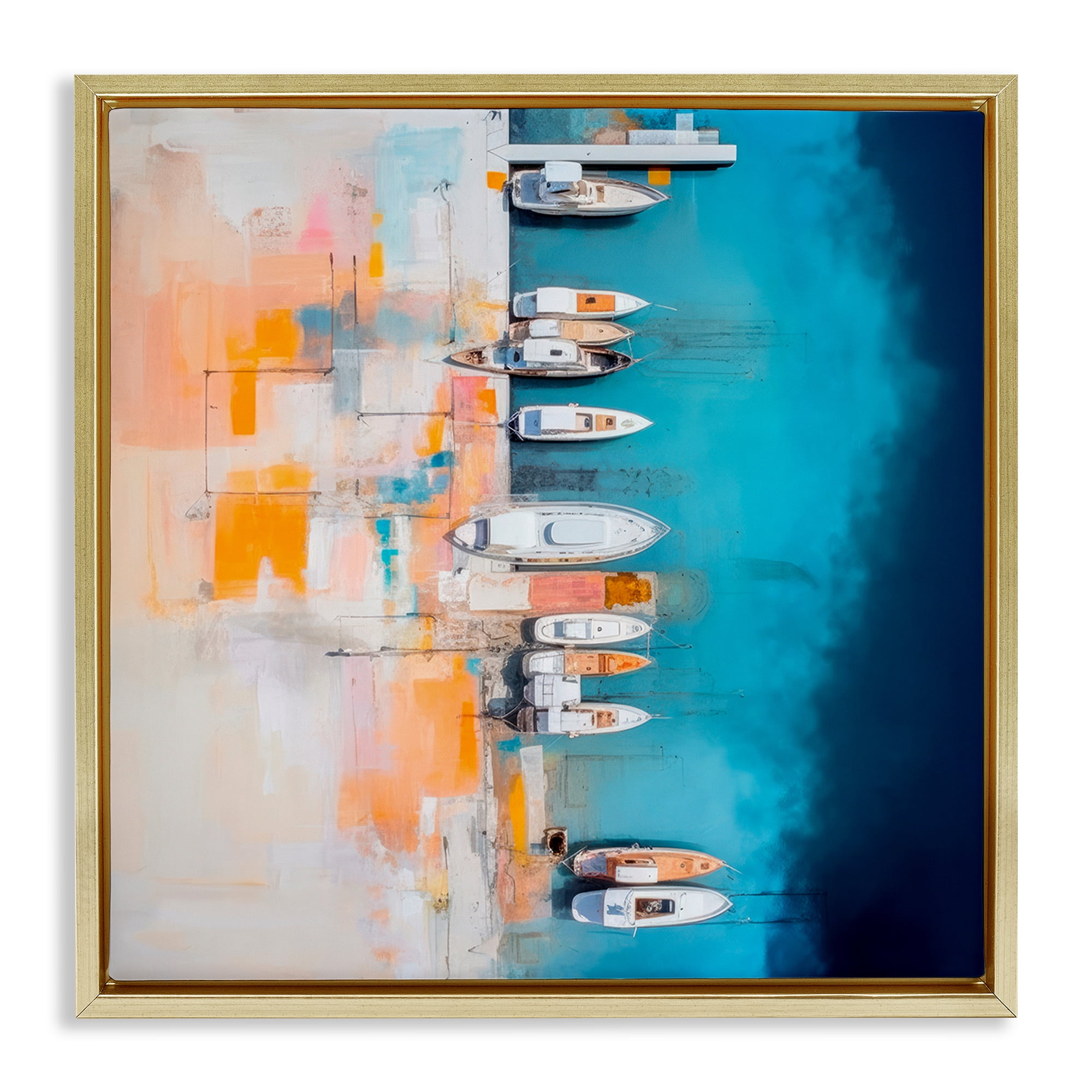 Stupell Industries Boat Harbor Aerial View Transportation Painting Gold Floater Framed Canvas Art Print Wall Art, 18 x 18