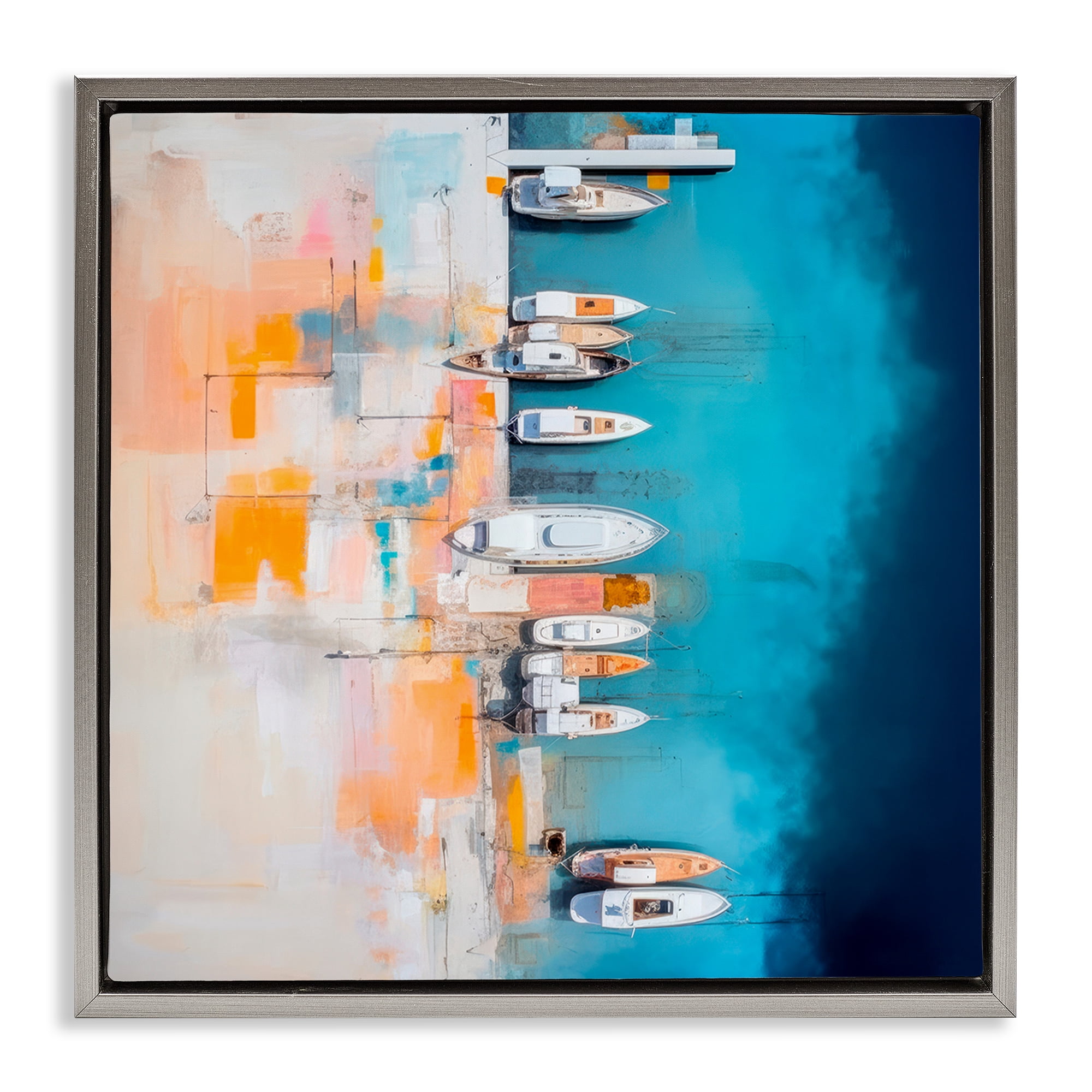 Stupell Industries Boat Harbor Aerial View Transportation Painting Gray Floater Framed Canvas Art Print Wall Art, 18 x 18