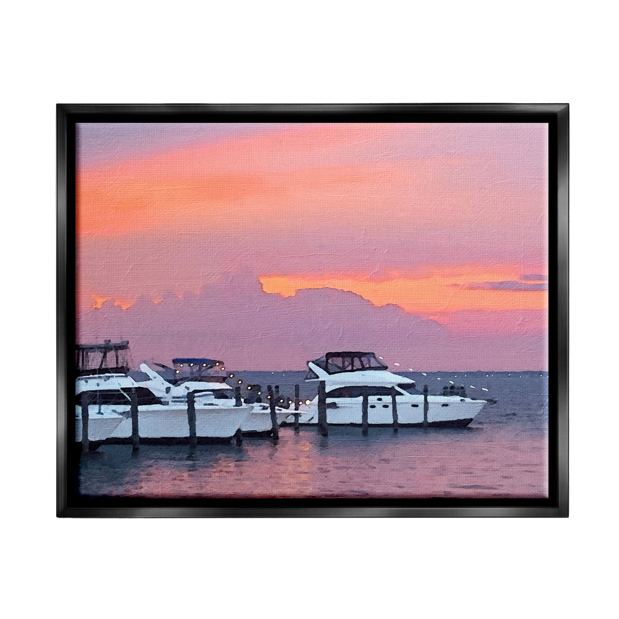 Stupell Industries Boat Harbor Pink Sunset Landscape Coastal Photography Black Floater Framed Art Print Wall Art