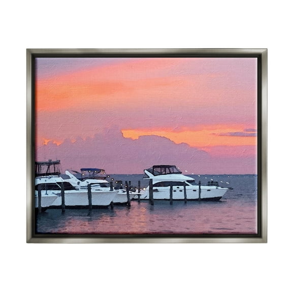 Stupell Industries Boat Harbor Pink Sunset Landscape Coastal Photography Gray Floater Framed Art Print Wall Art